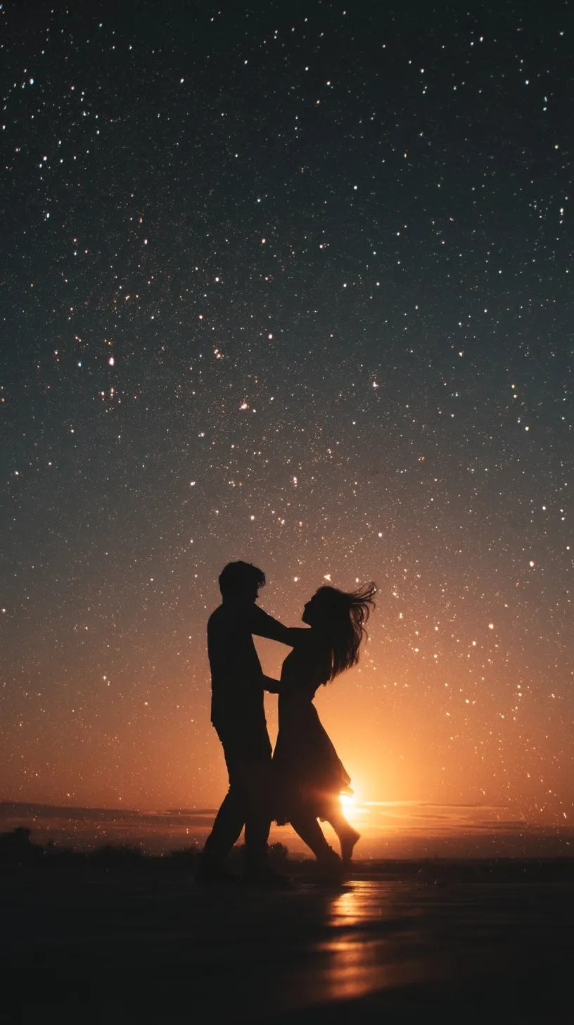 A romantic couple dancing in silhouette against a starry night sky and sunset for mobile wallpaper.