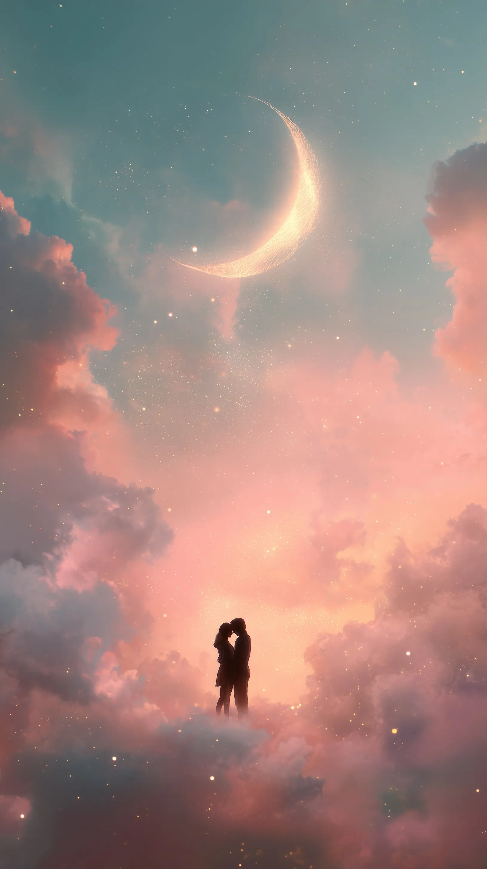 Romantic silhouette of a couple embracing under a glowing crescent moon with ethereal pastel clouds and stars.