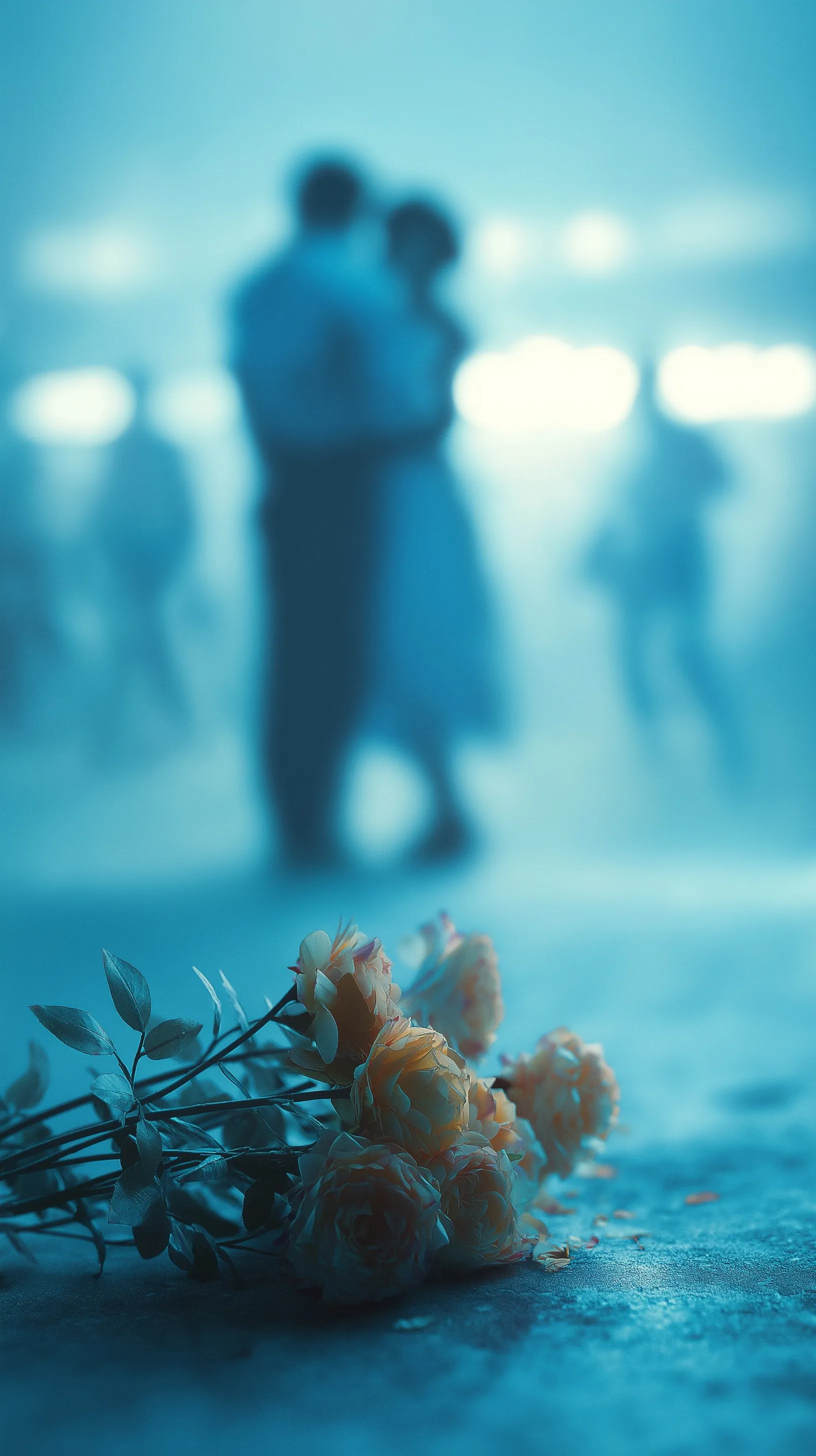 A photorealistic couple embracing in cool blue light with a wilted flower bouquet, aesthetic mobile wallpaper.