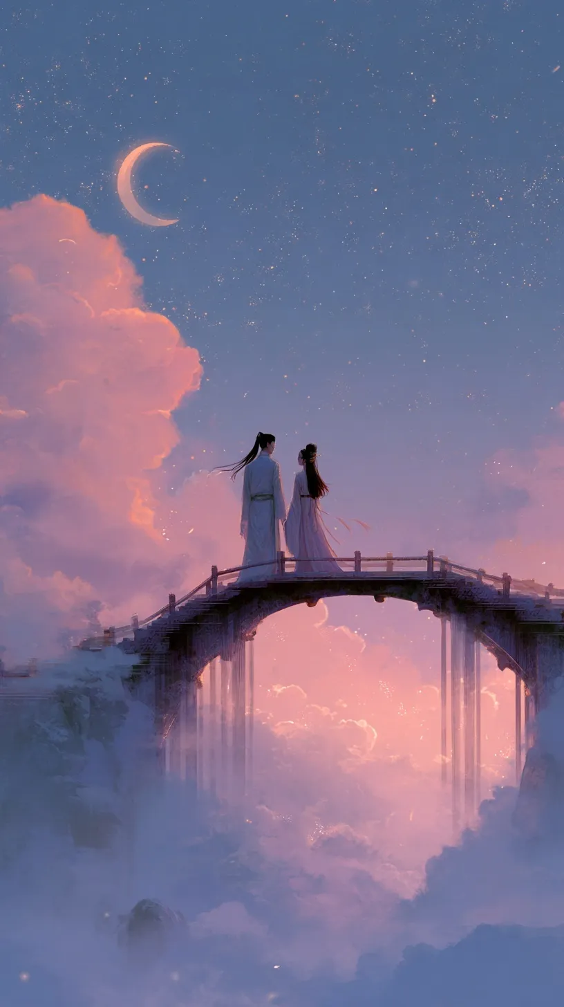 Romantic Cowherd and Weaver Girl on magpie bridge with soft pink clouds and glowing stars, traditional silk style.