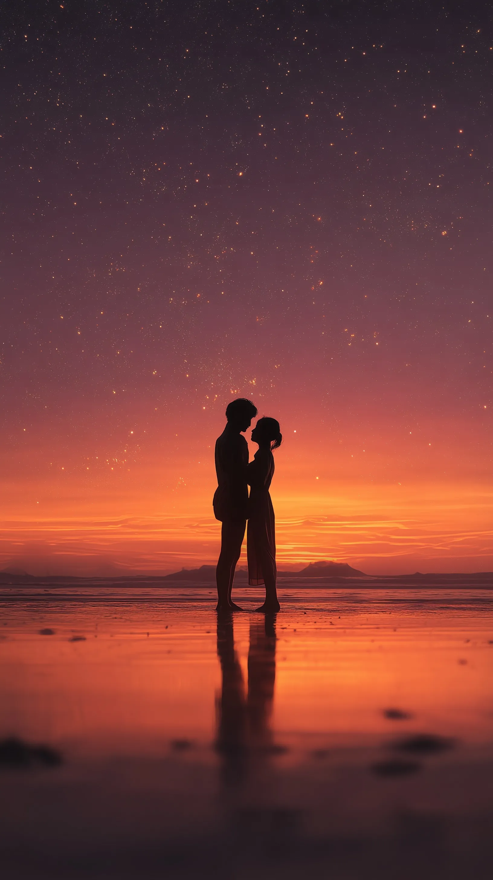 Romantic silhouette of a couple standing by the sea at sunset with stars, perfect for mobile wallpaper.