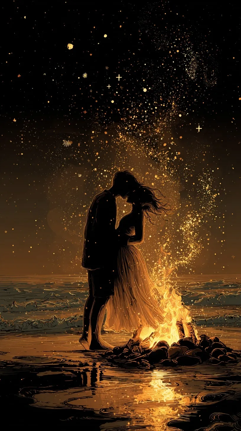 Romantic couple sharing a kiss by a beach bonfire under a starry night sky, cinematic mobile wallpaper art.