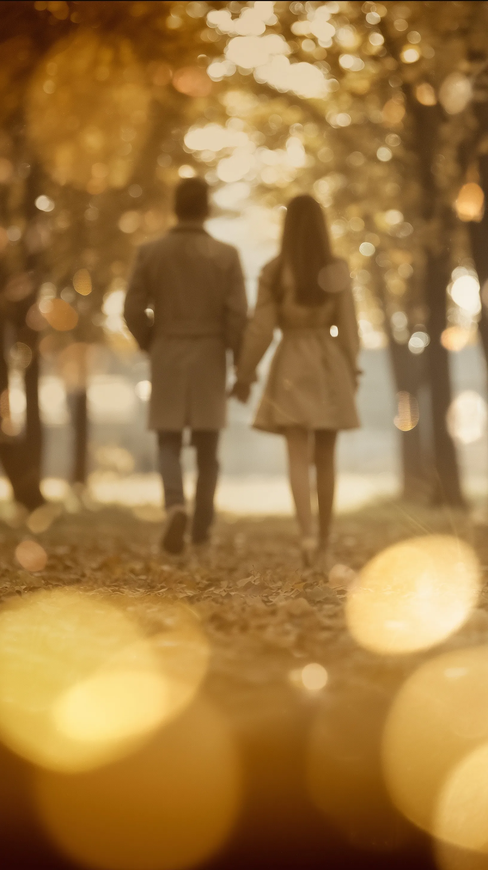 Romantic couple walking hand in hand through an autumn park with falling golden leaves and warm sunset lighting.
