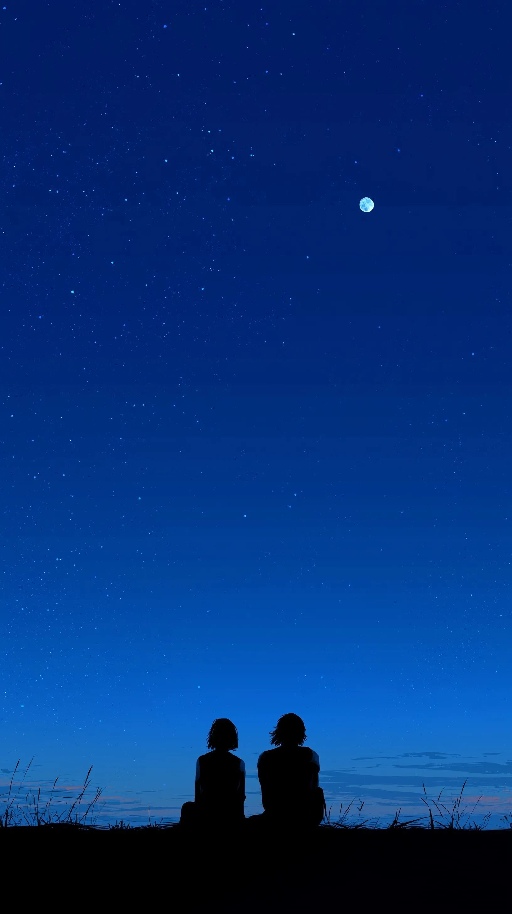 Romantic silhouette of a couple sitting under a deep blue starry moonlit sky for a mobile wallpaper.