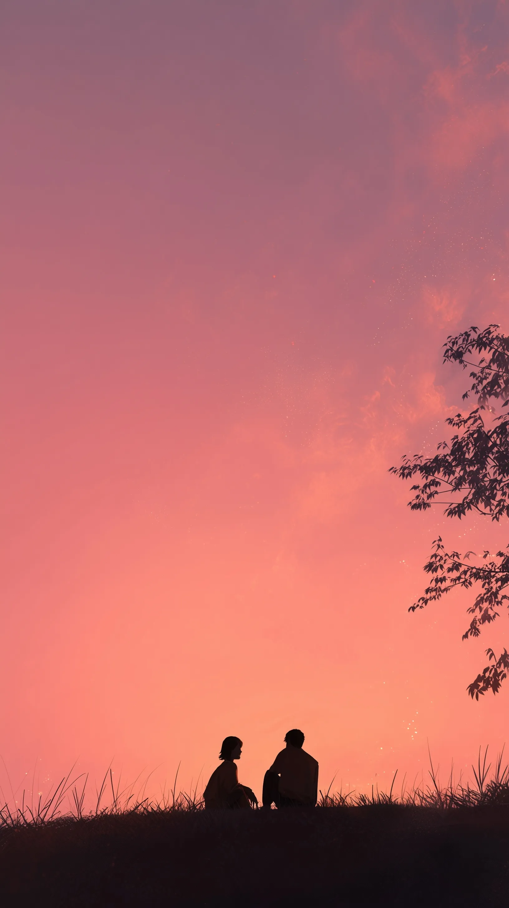 Romantic silhouette of a couple sitting together under a soft sunset glow, perfect aesthetic mobile wallpaper.