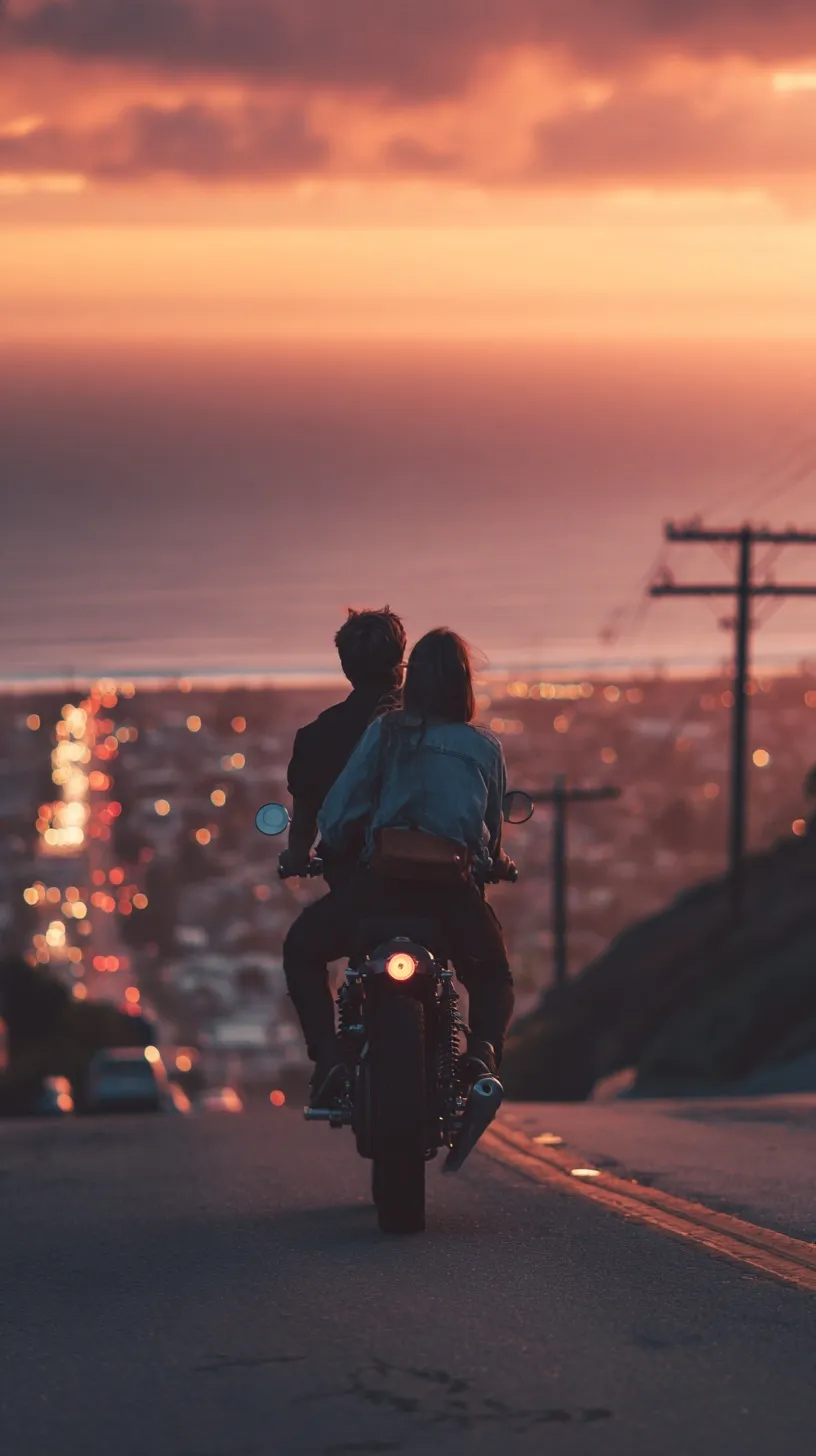 A romantic couple riding a motorcycle down a coastal mountain road at sunset, rear view from a mobile perspective.