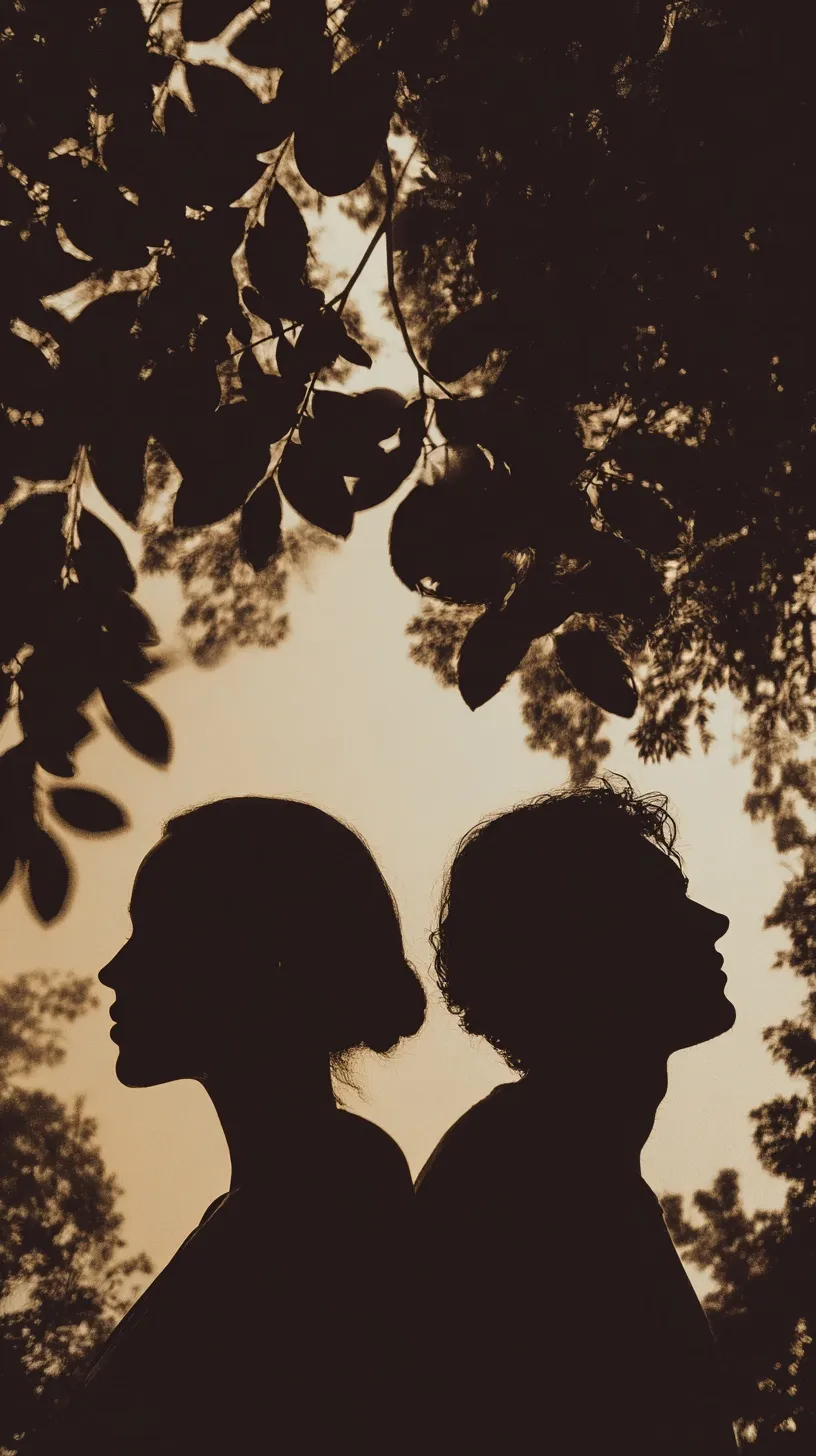Vertical abstract silhouette of a romantic jazz couple framed by tree canopies against a bright morning sky.