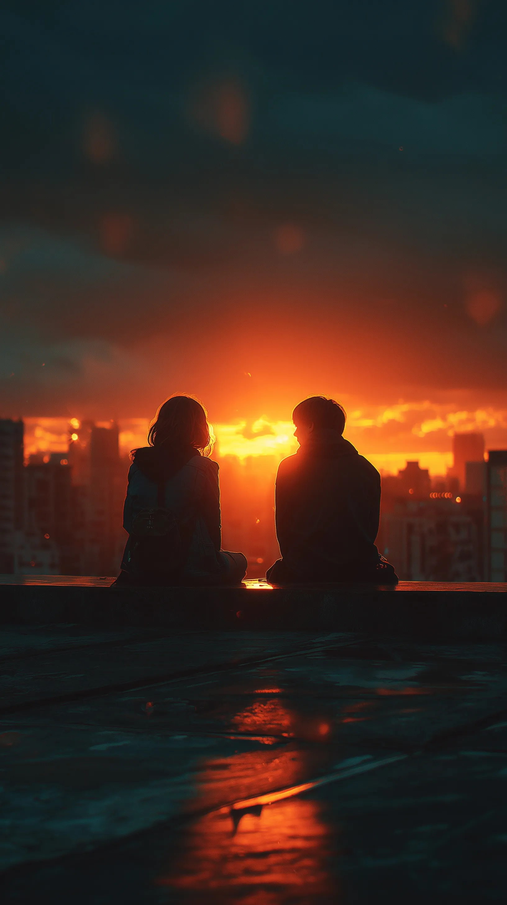 Romantic couple silhouettes on a city rooftop at sunset, aesthetic cinematic mobile wallpaper with warm urban glow.