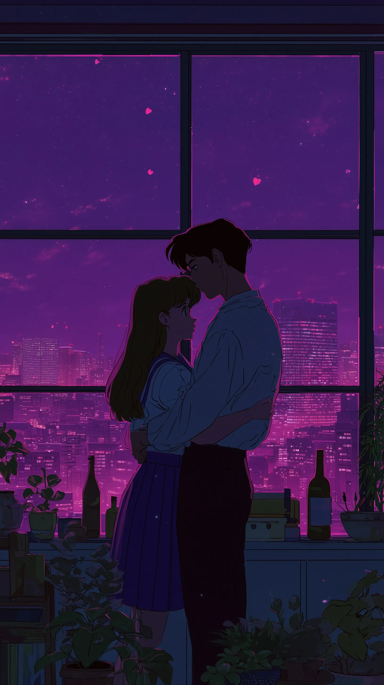 Romantic anime couple silhouette kissing in a city apartment with floating neon hearts, 90s lo-fi aesthetic.
