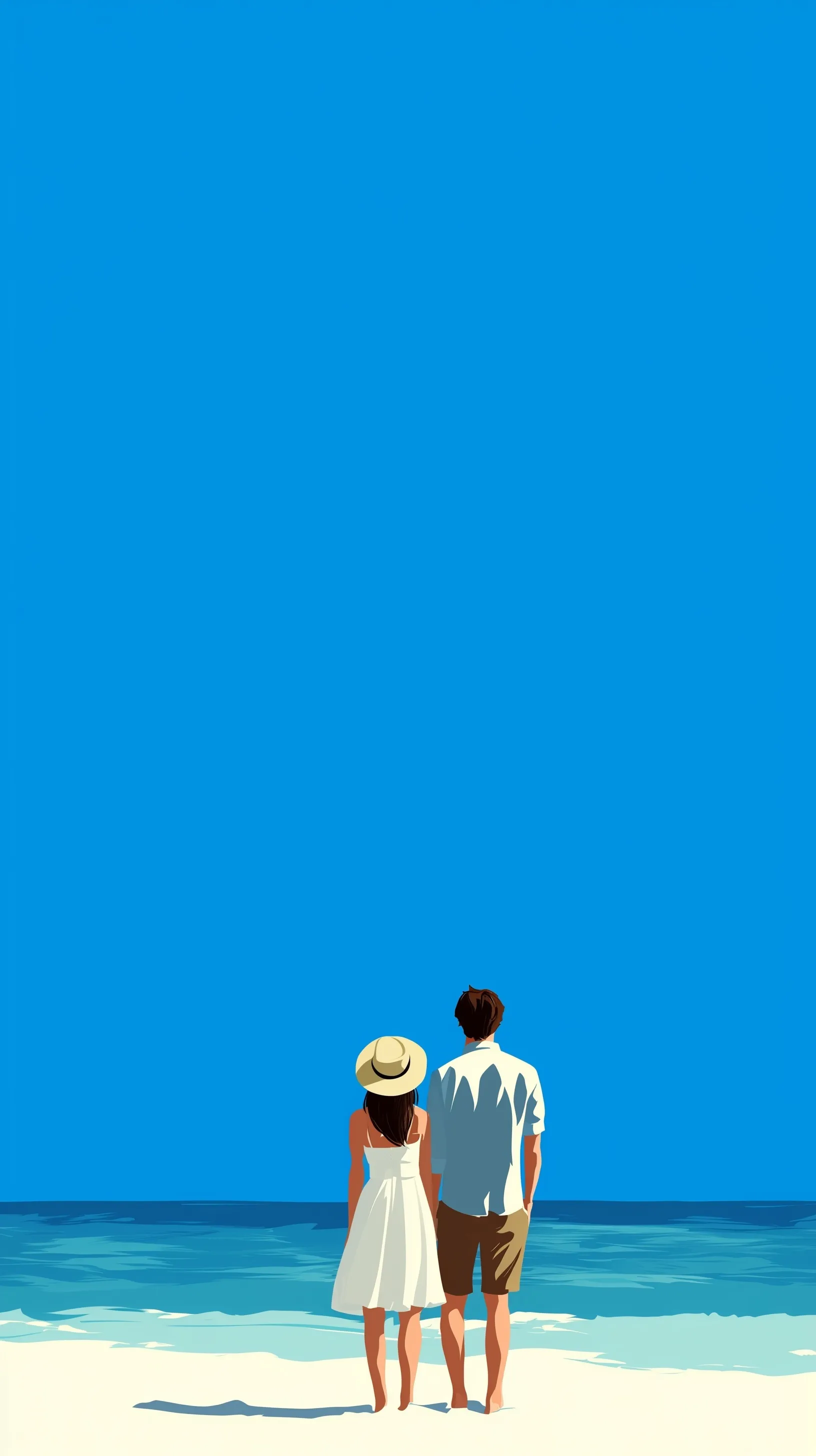 Vector illustration of a romantic couple standing on a blue beach, aesthetic mobile wallpaper for iPhone.