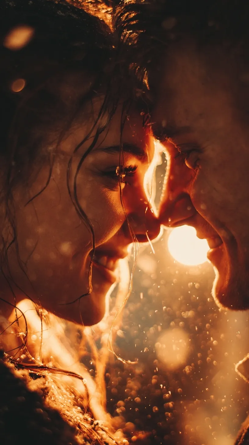 Romantic couple in close-up with golden sunset lighting, cinematic aesthetic mobile wallpaper for iPhone.