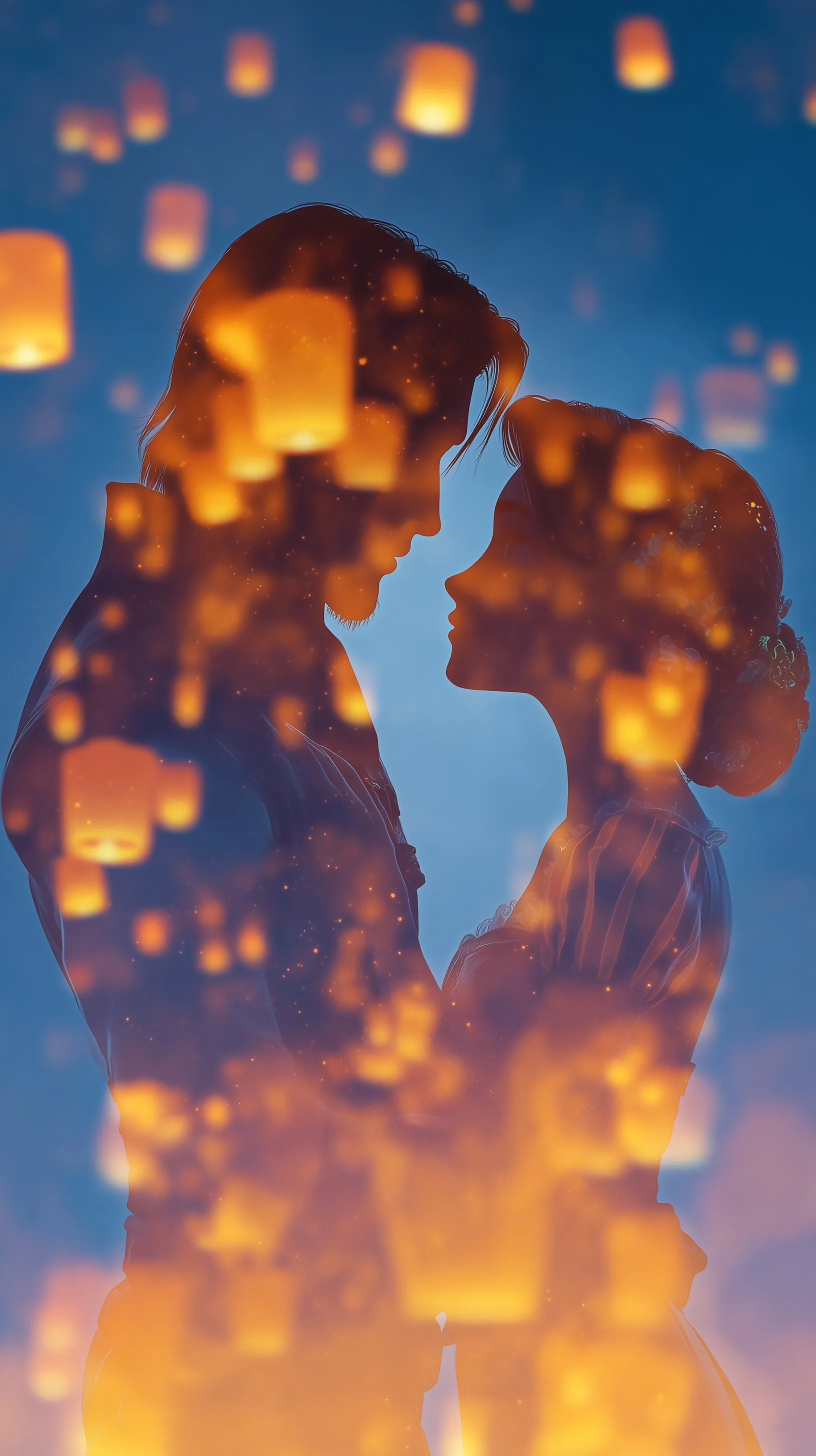 Double exposure silhouette of a romantic couple with floating lanterns, aesthetic mobile wallpaper design.