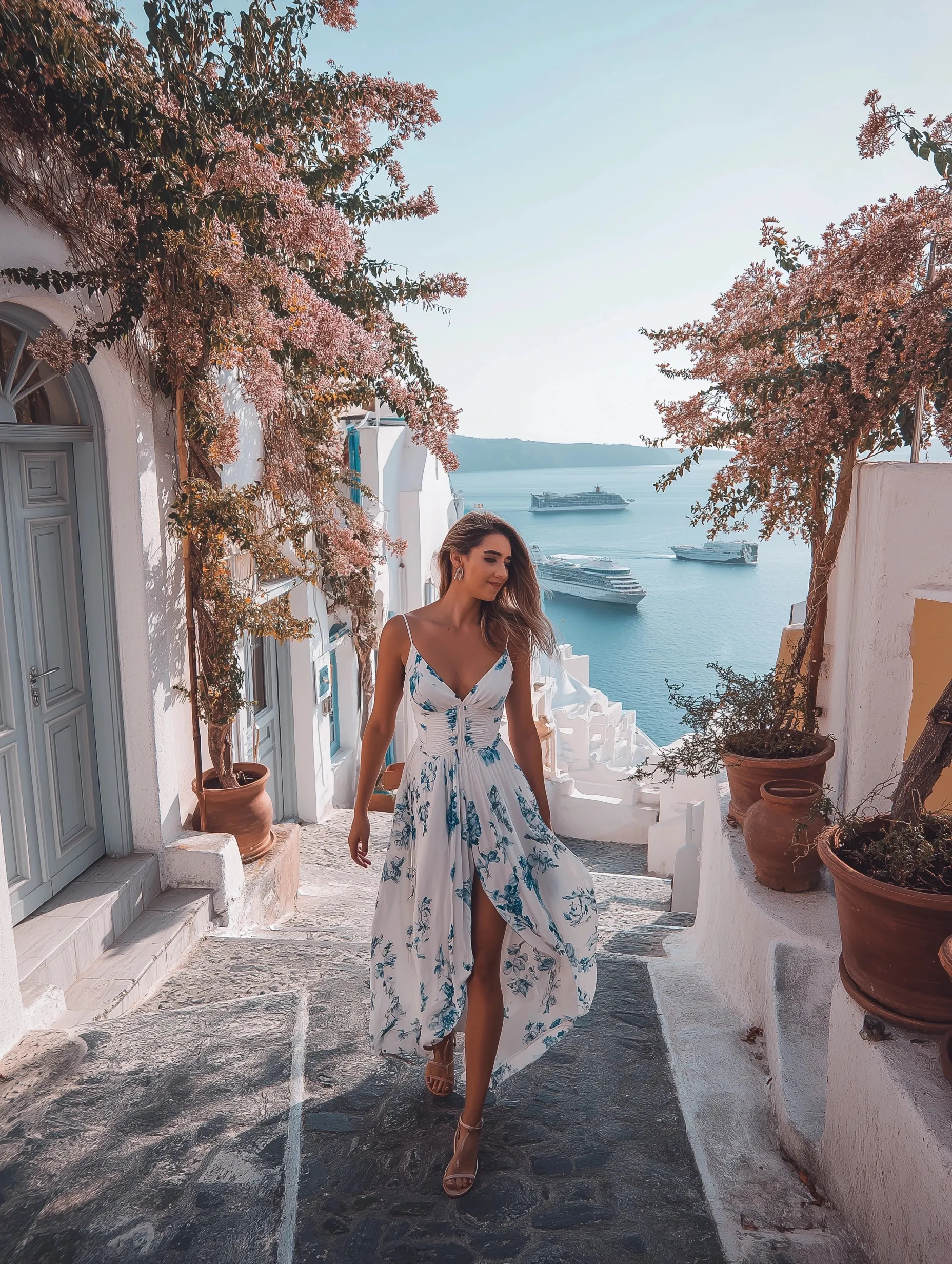 A girl in a floral white dress walking through Santorini streets with sea views and pink flowers on a sunny day.