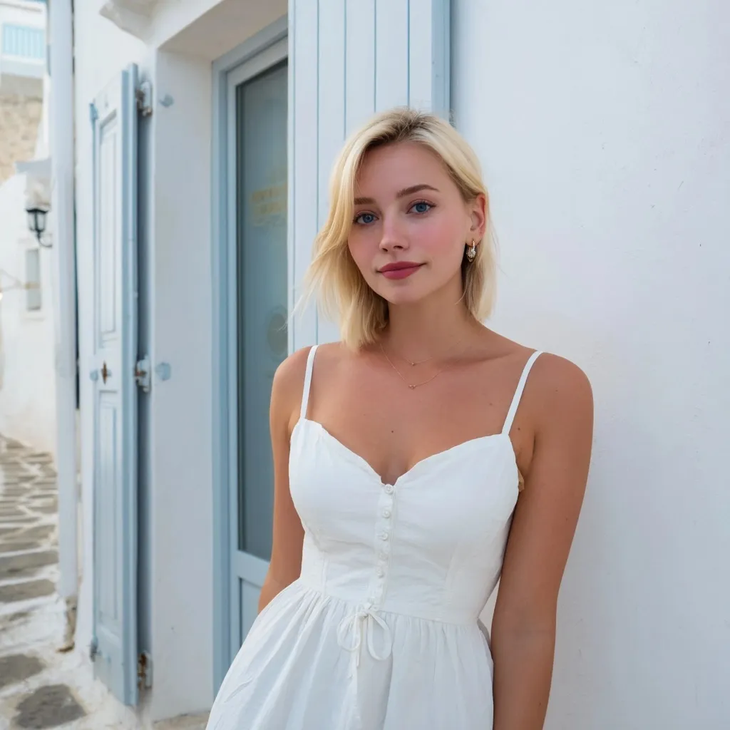 A blonde woman in a white summer dress posing in front of traditional white architecture in Santorini, Greece.