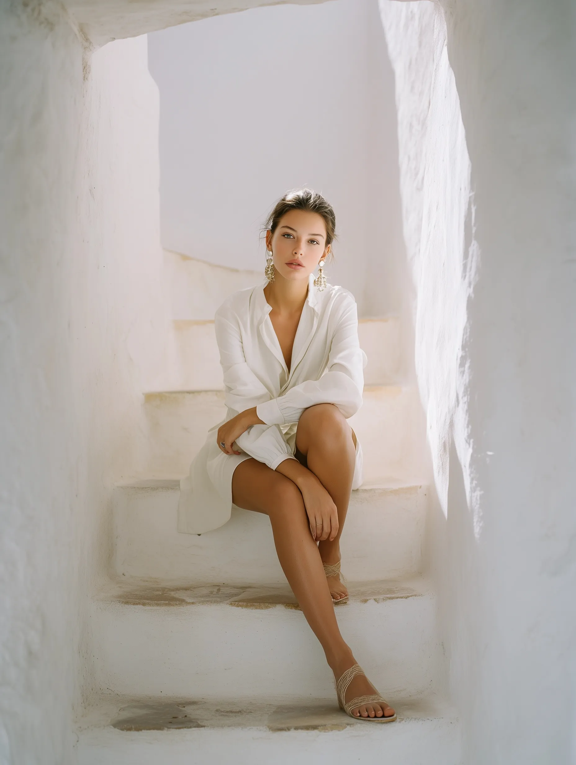 A sophisticated woman in a minimalist white summer outfit, embodying luxury jetsetter style in bright sunlight.