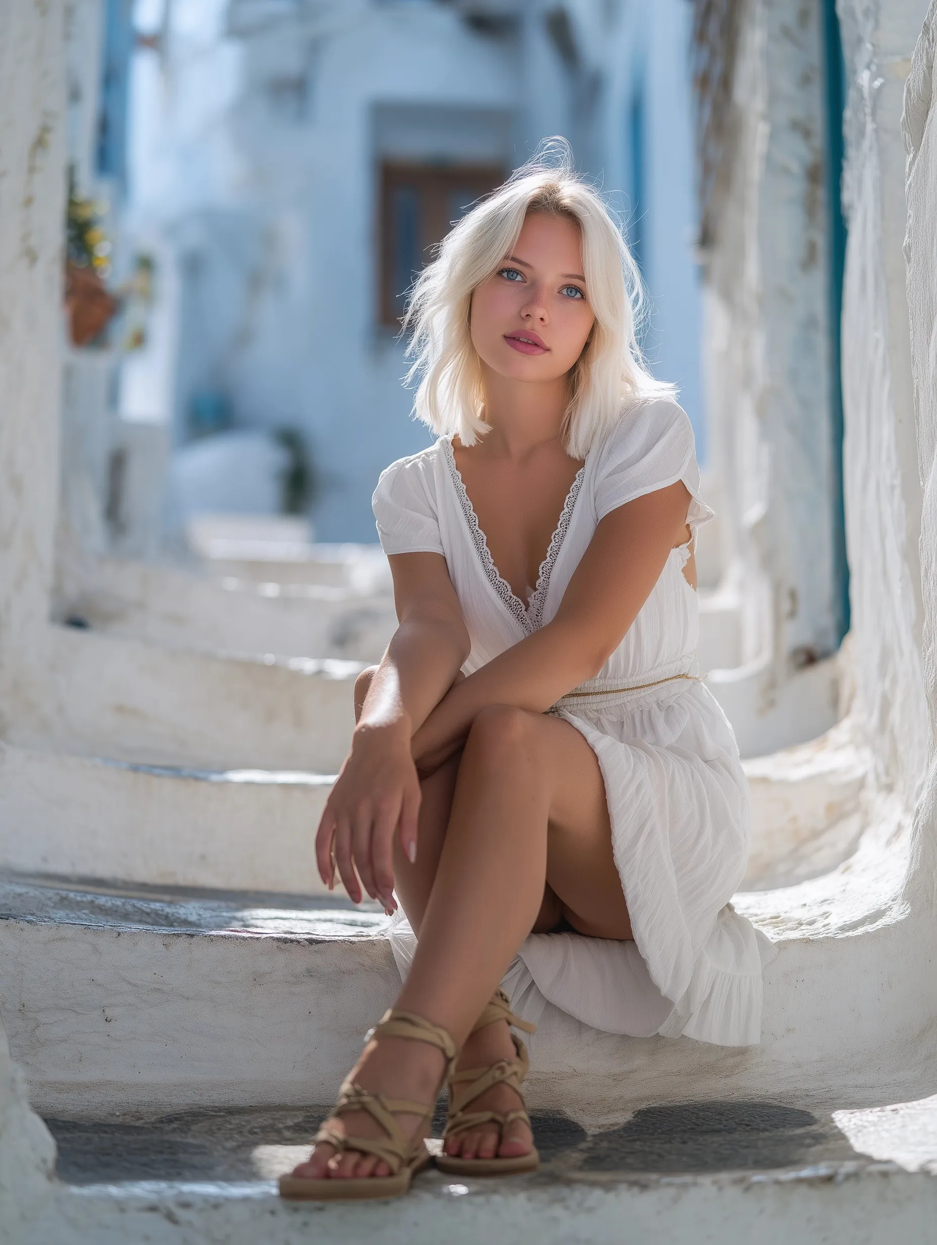 A girl with white hair in a white summer dress sitting on a stone stairway in a white-washed Greek village.