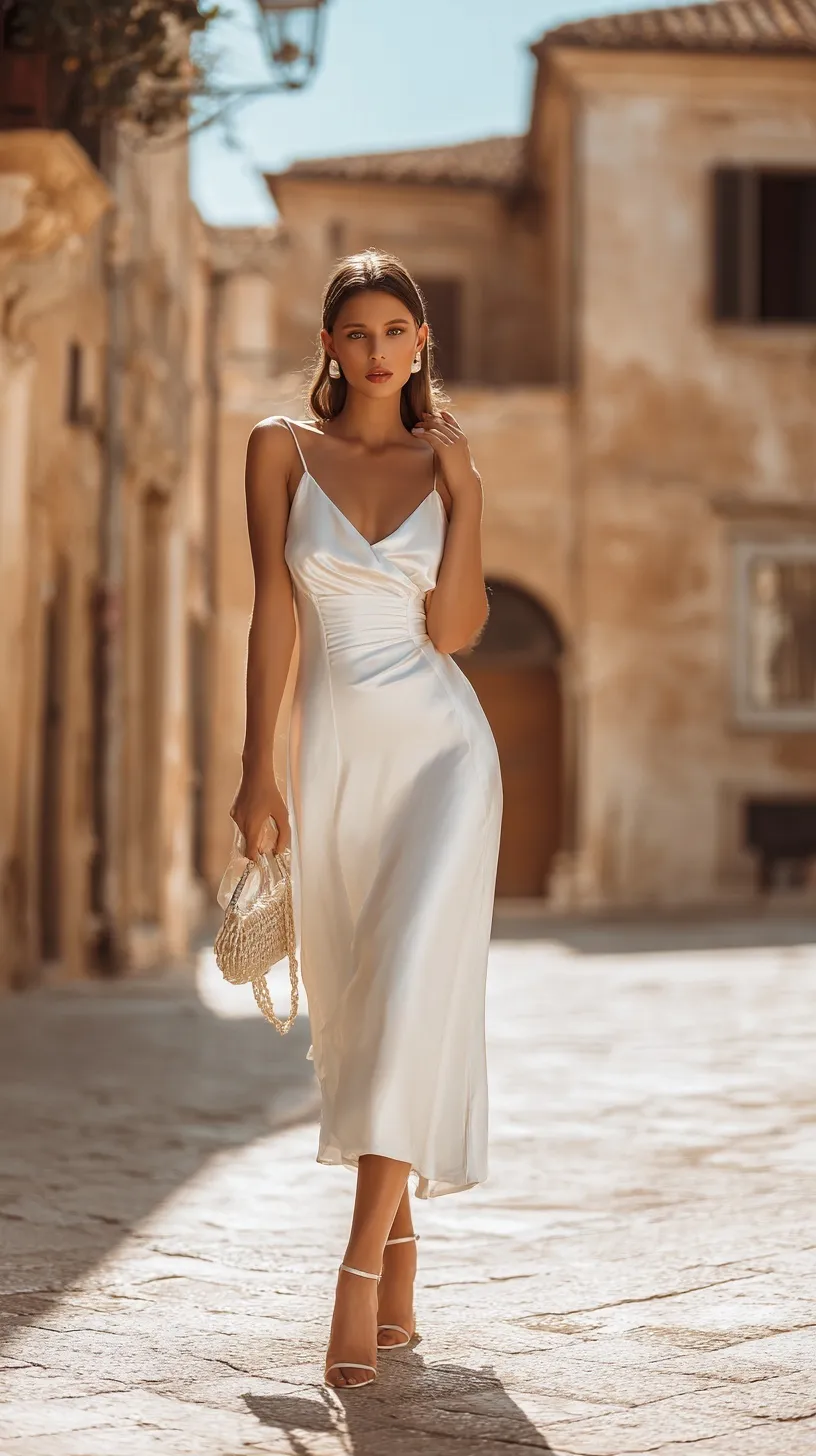 A stylish woman in a long white satin dress posing on a sunlit street with classic Roman-style architecture.