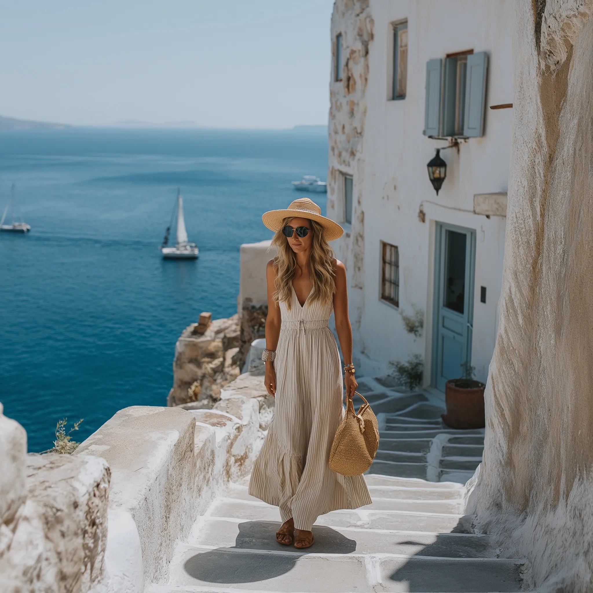 Blonde woman in a summer dress and straw hat walking down stairs in Santorini overlooking the Mediterranean Sea.