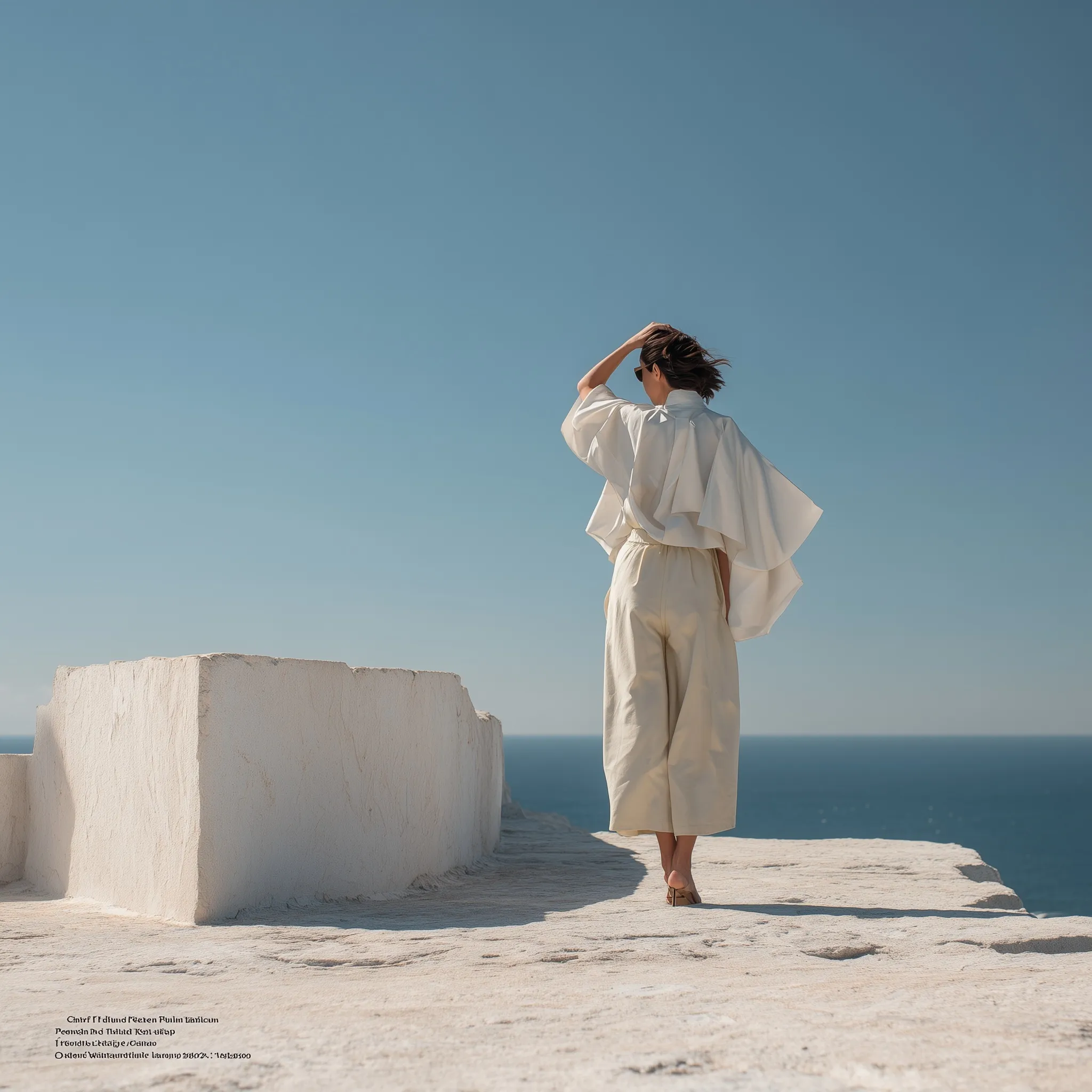 Woman in a crisp cream cape blouse and culottes standing on a coastal stone platform in Santorini, minimalist style.