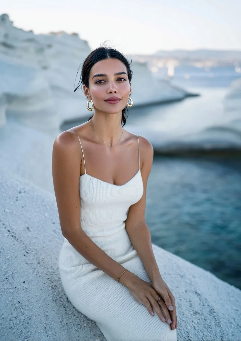 Elegant brunette woman in an ivory knitted summer dress sitting on Sarakiniko Beach, Milos, Greece.