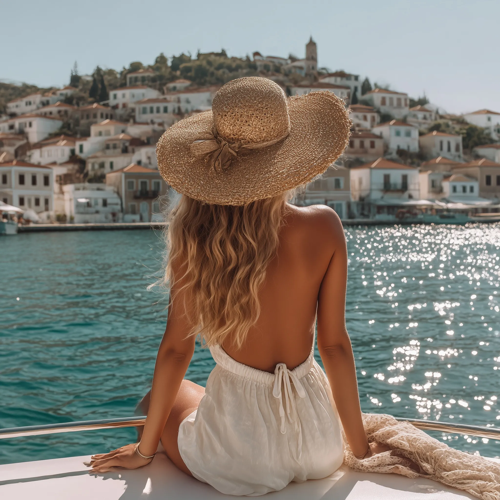 A woman in a white romper and straw hat relaxing on a luxury yacht in Santorini with a Mediterranean sea backdrop.