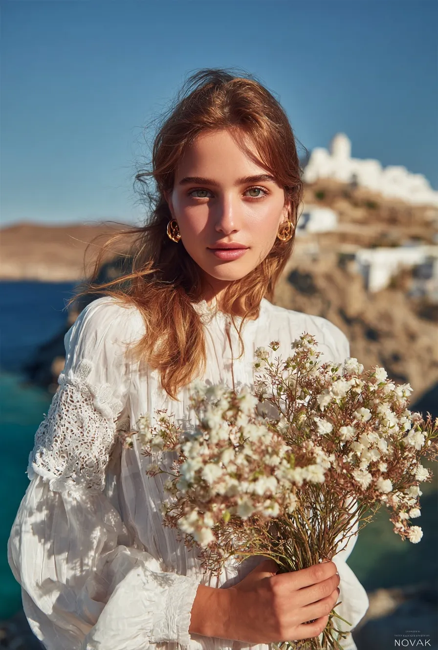 A young woman in a white summer outfit holding flowers during a professional photoshoot in Santorini, Greece.