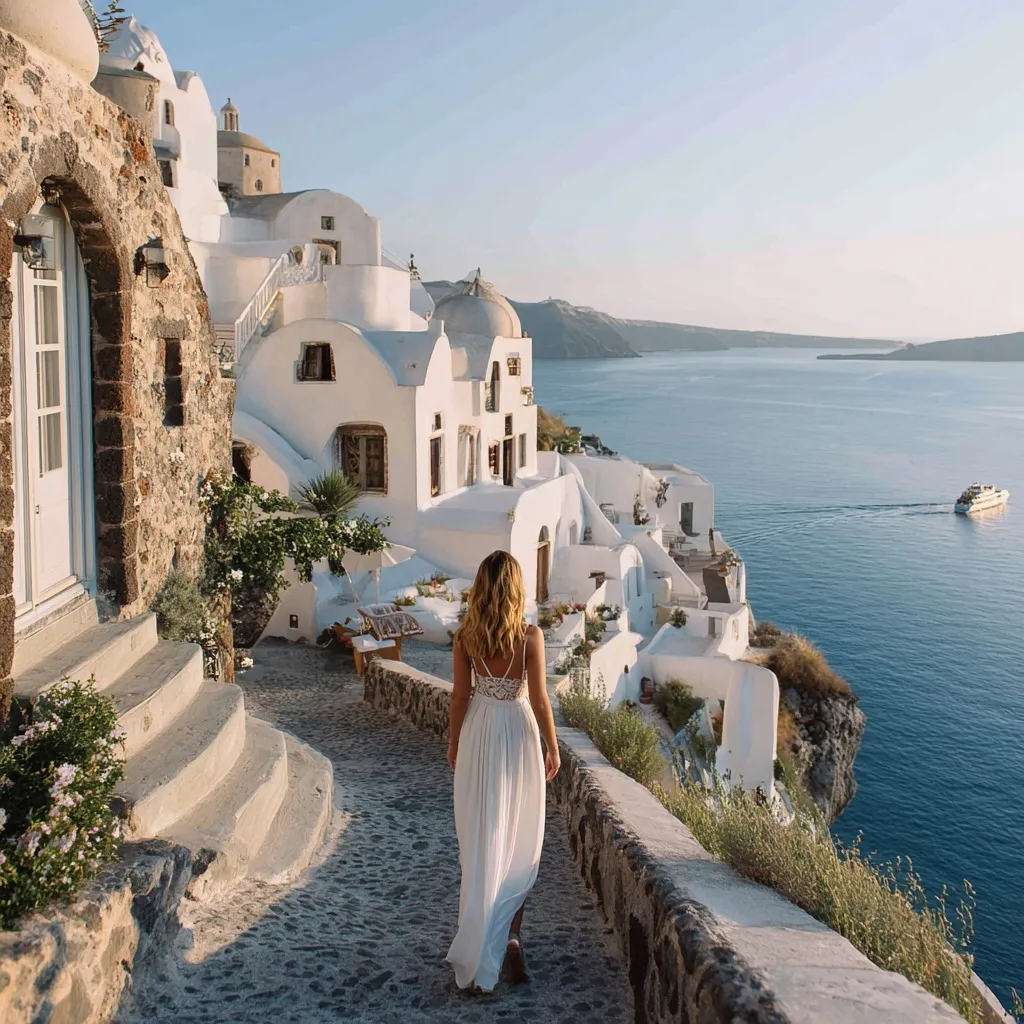 Female model in summer outfit walking up a Santorini cliffside path near white villas and the blue Aegean Sea.