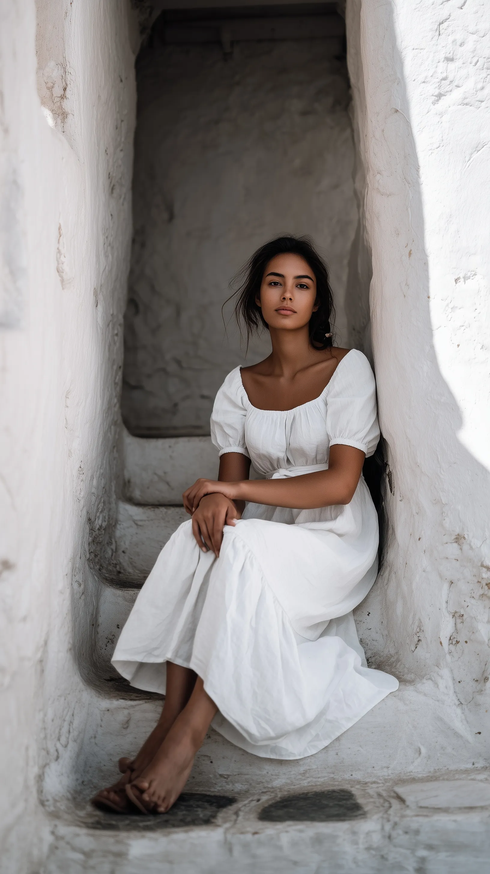 A girl wearing a minimalist white summer dress standing against a scenic Santorini backdrop.