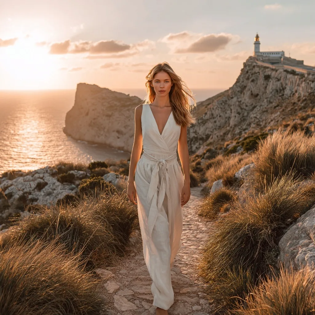 A blonde woman in a linen summer outfit walking on a cliff path at sunset in Mallorca with dramatic rim lighting.
