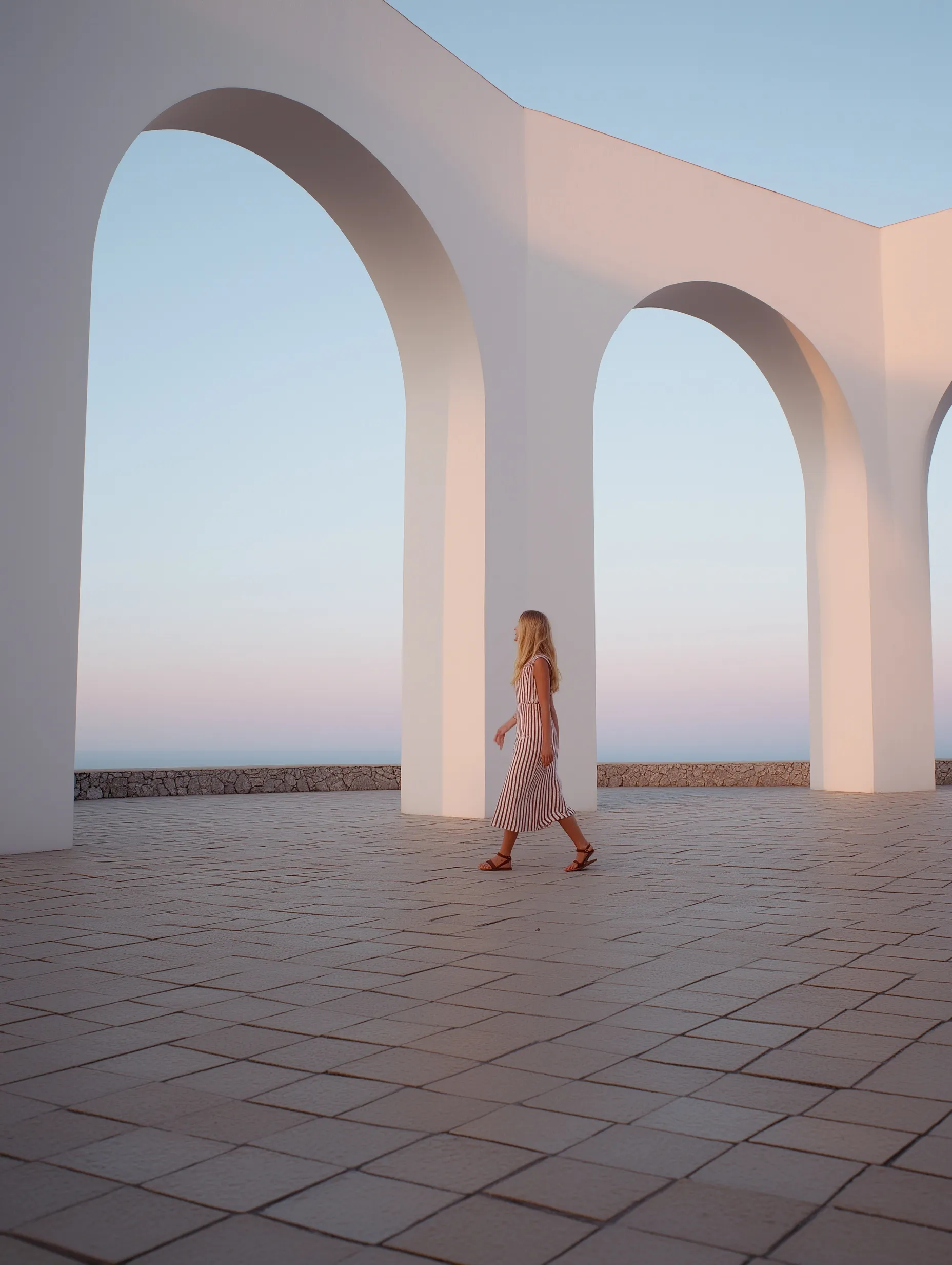 Blonde woman dancing in an Acne Studios style summer dress against minimalist white Santorini architecture at dusk.