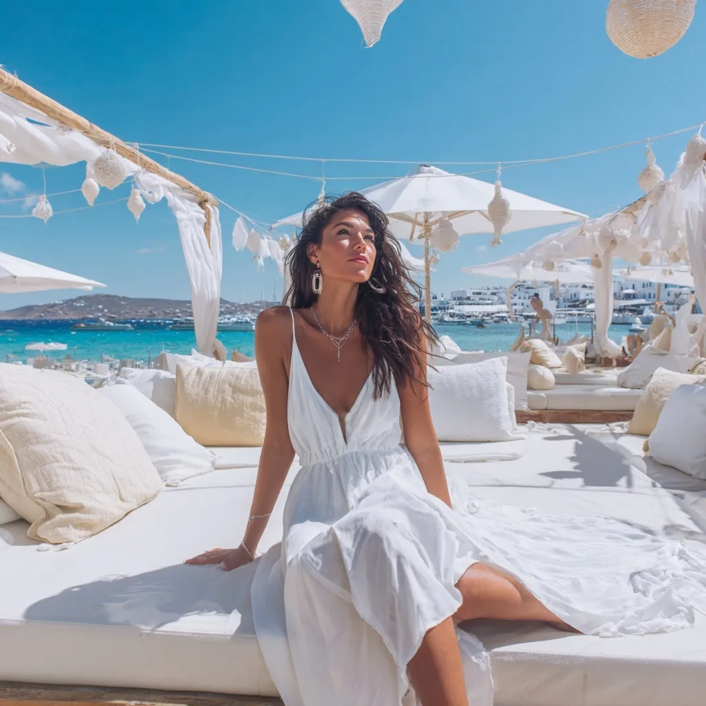 A 30-year-old woman in a white summer dress relaxing on a sunbed at a luxury beach club in Mykonos.