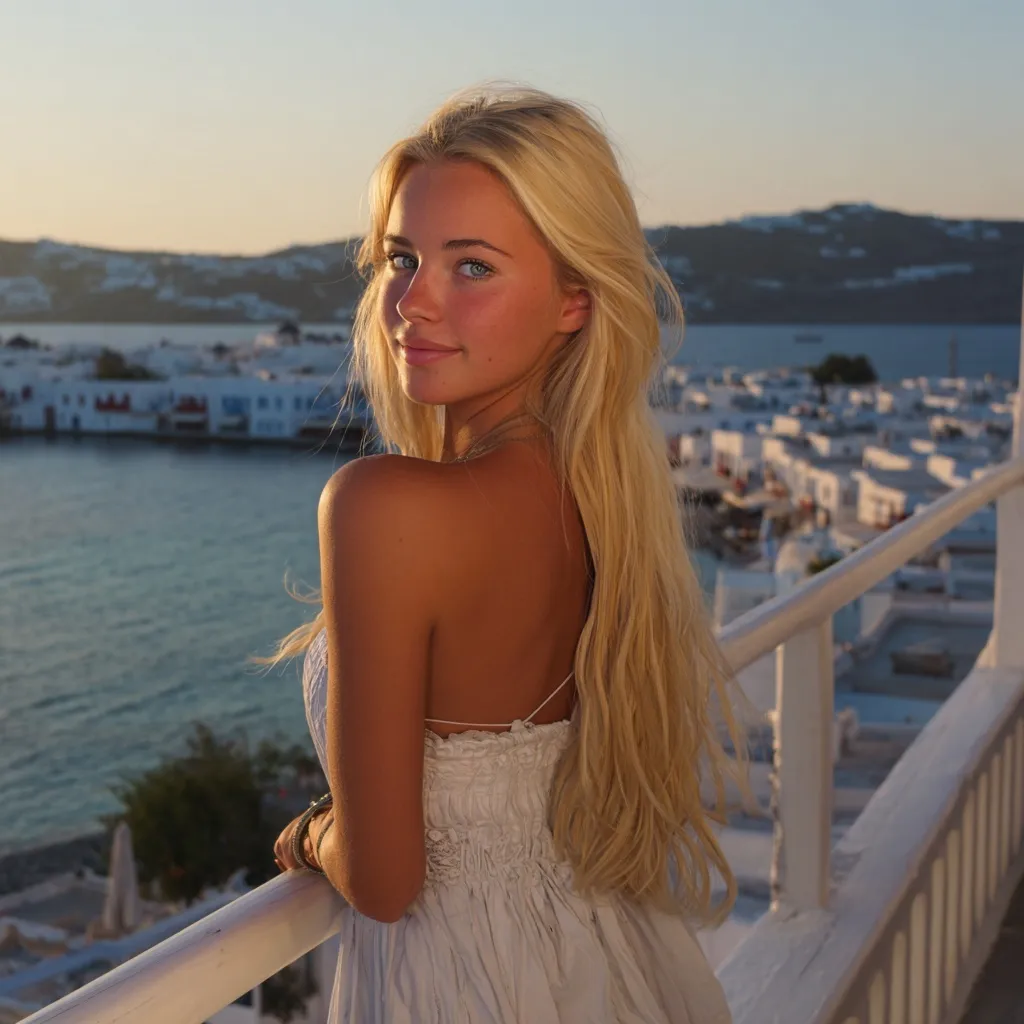 Blonde woman in a stylish summer outfit posing on a balcony in Mykonos, Greece, during a golden sunset.