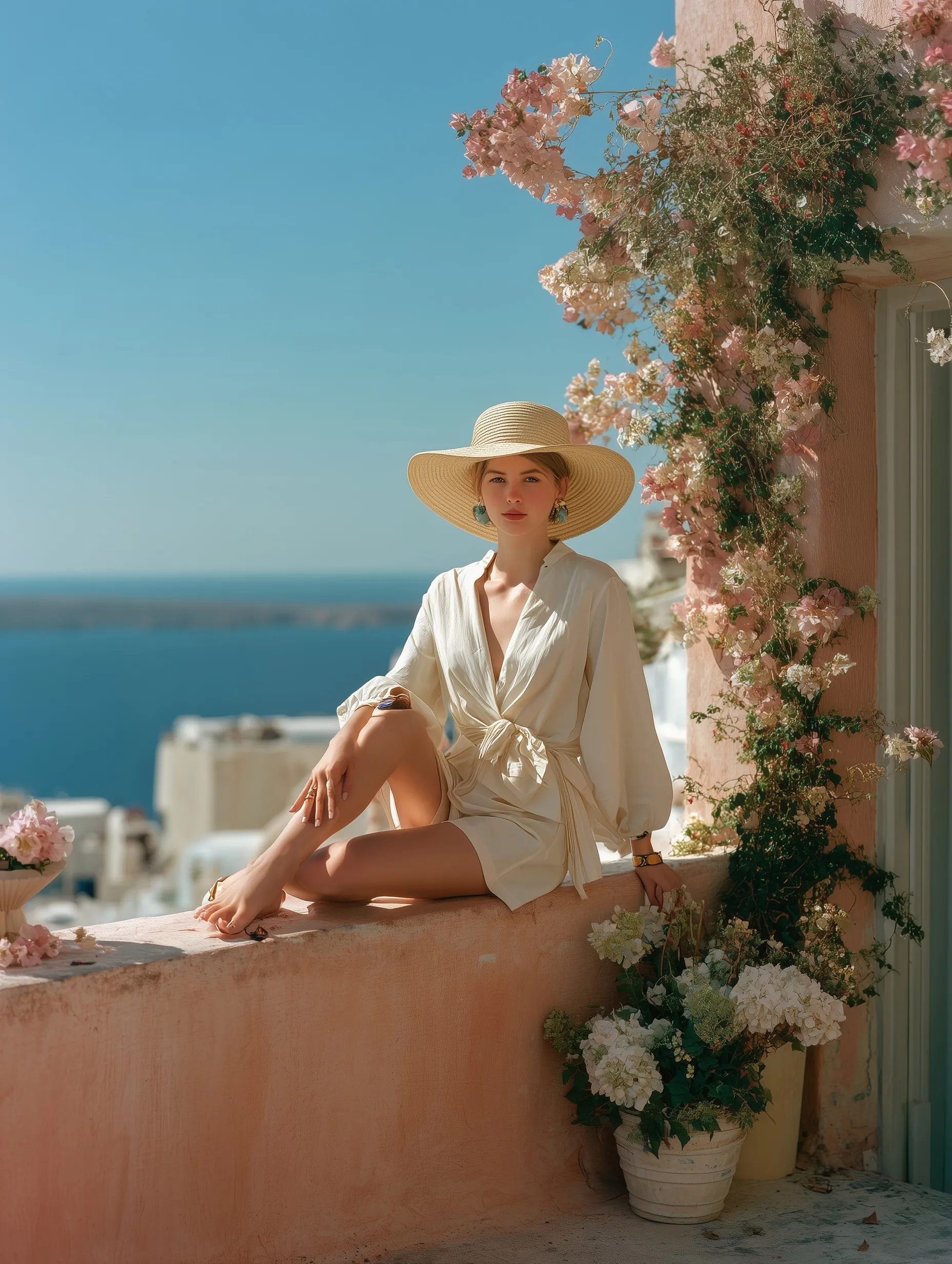 Elegant woman in summer outfit, straw hat, and jewelry sitting on a floral salmon wall at a sunny Santorini beach.