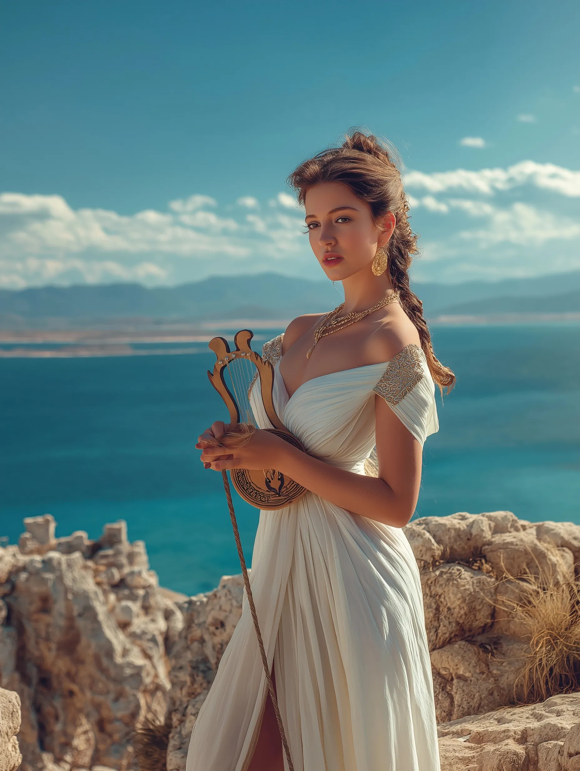 Ancient Greek woman in a white tunica holding a lyre against a Santorini sea and mountain landscape.