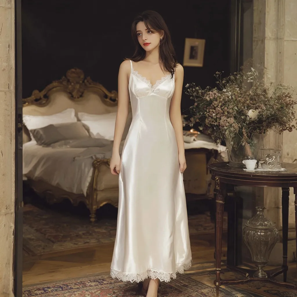 A European model wearing an elegant white satin slip dress on a fashion runway.