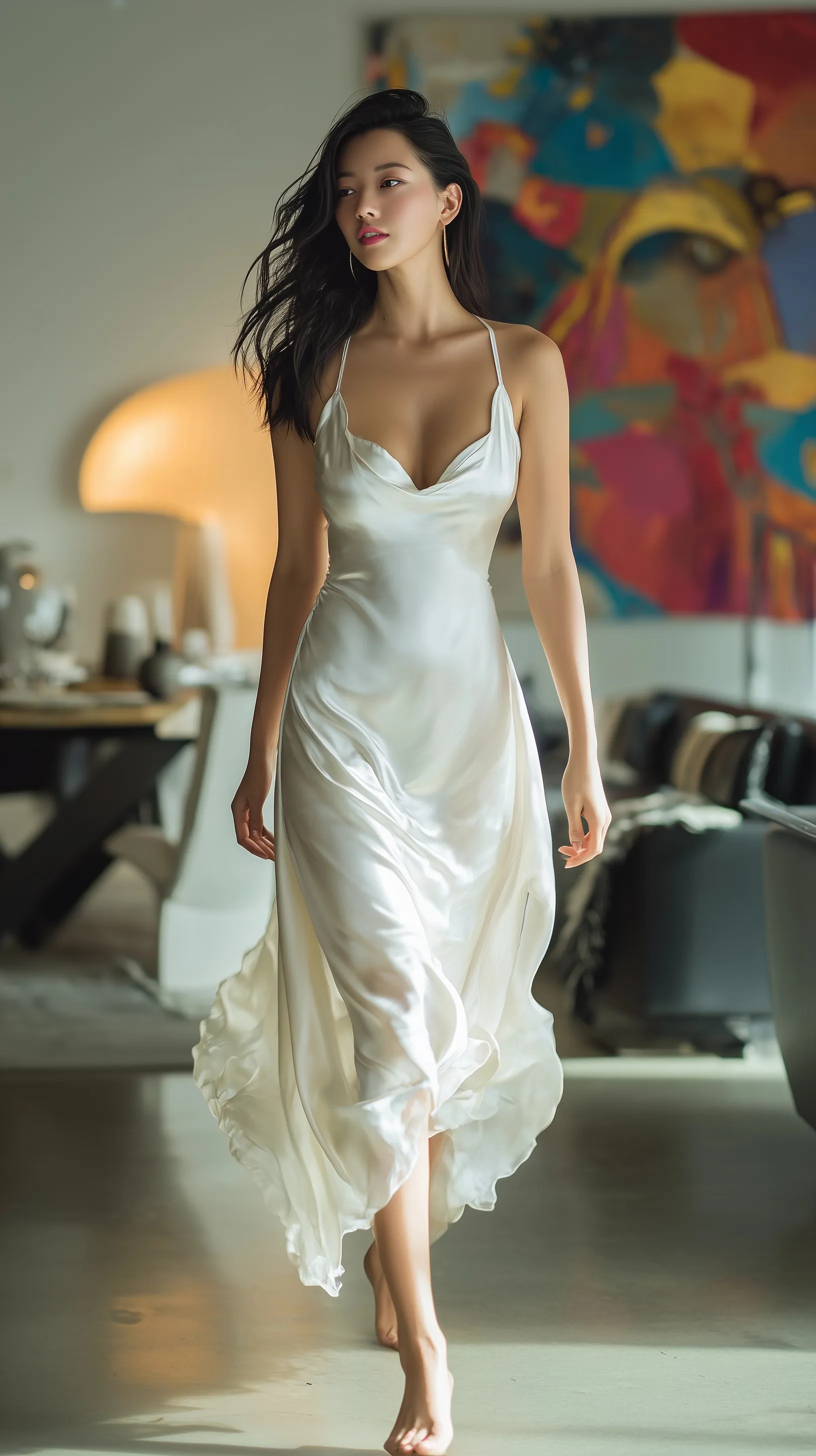 Elegant Asian woman walking in a white satin slip dress inside a modern, minimalist interior with artistic decor.