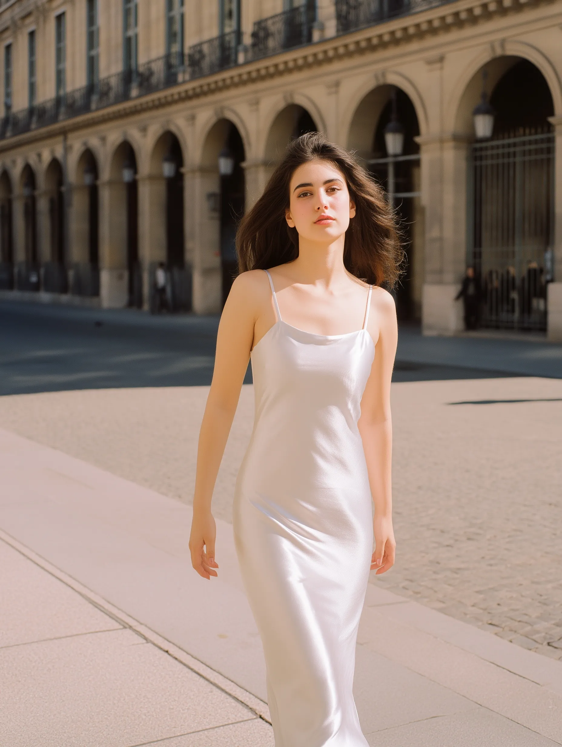 A gorgeous woman in a sleek chartreuse satin slip dress walking through the streets of Paris.
