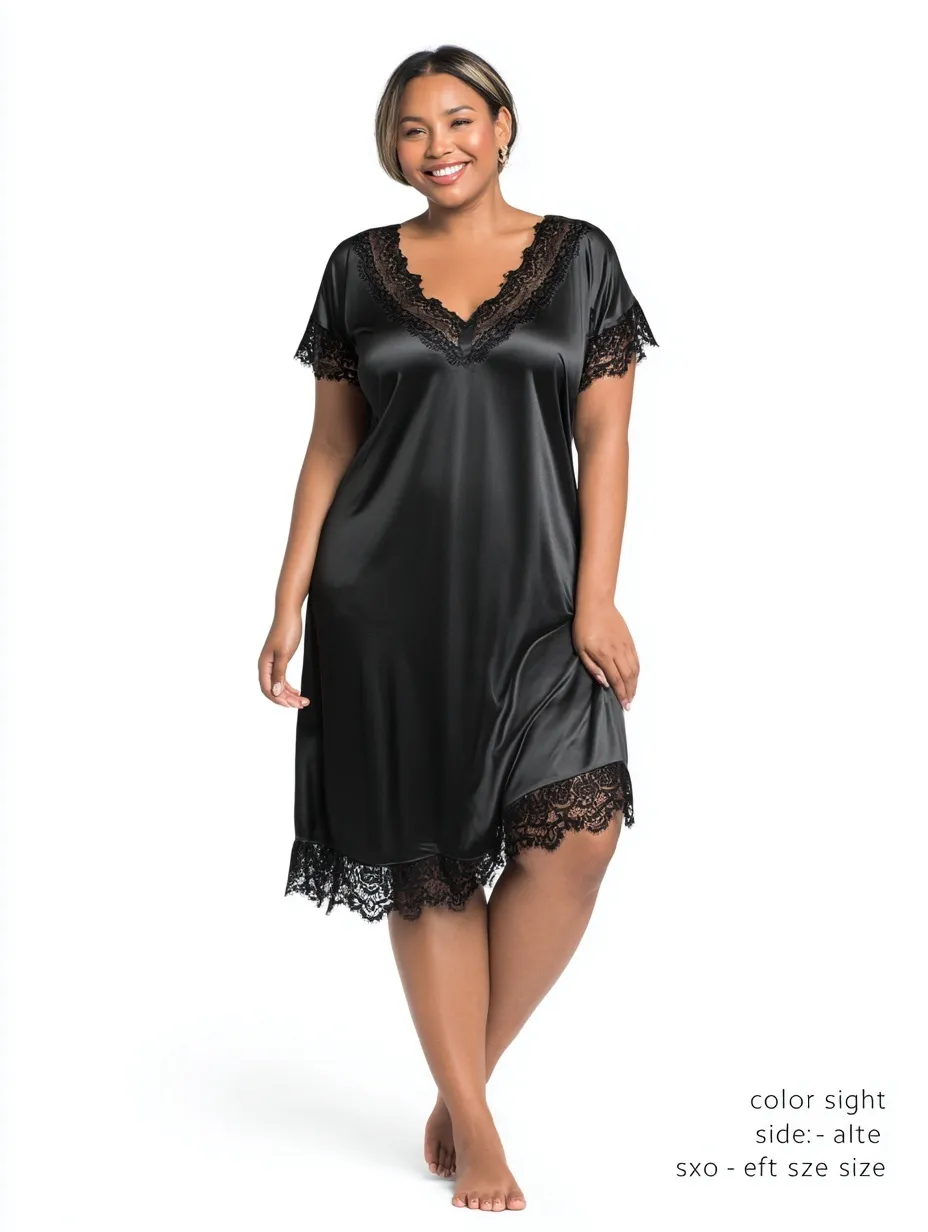Plus-size woman modeling a black satin lace short-sleeve nightgown against a clean white background.