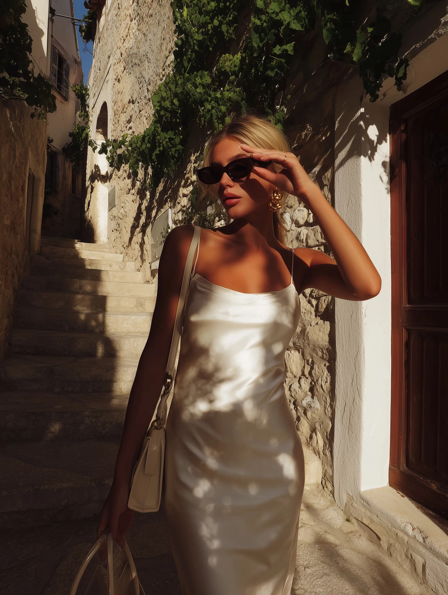 Blonde woman in a white satin midi dress adjusting sunglasses on a sunny Mediterranean street.