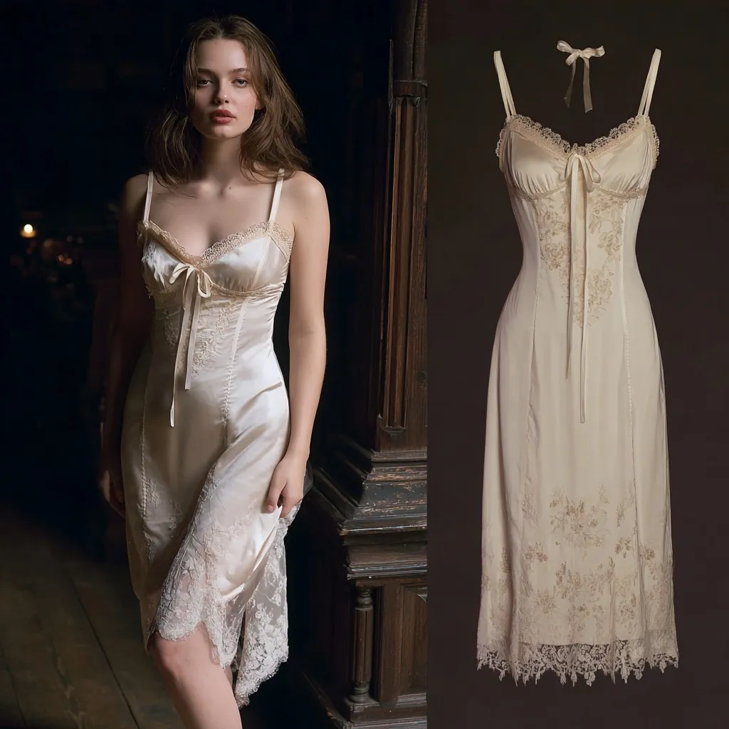 A woman wearing an elegant, Victorian-inspired satin slip dress with a delicate and feminine aesthetic.