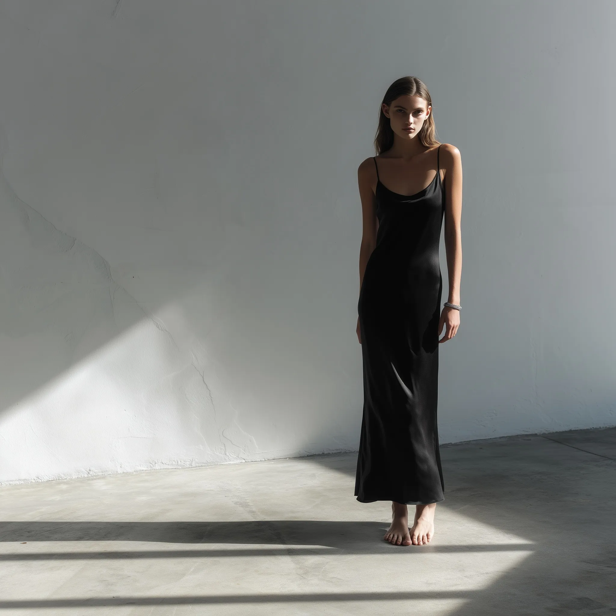 Model in a black matte silk satin slip dress standing on a concrete floor against a seamless white studio background.