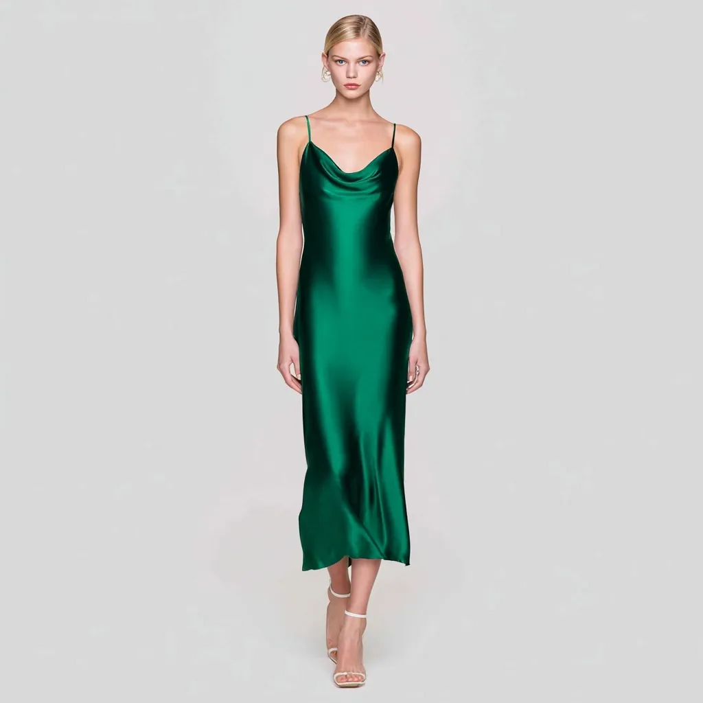 Blonde woman wearing an elegant emerald green silk satin slip dress with a cowl neckline and slim straps.
