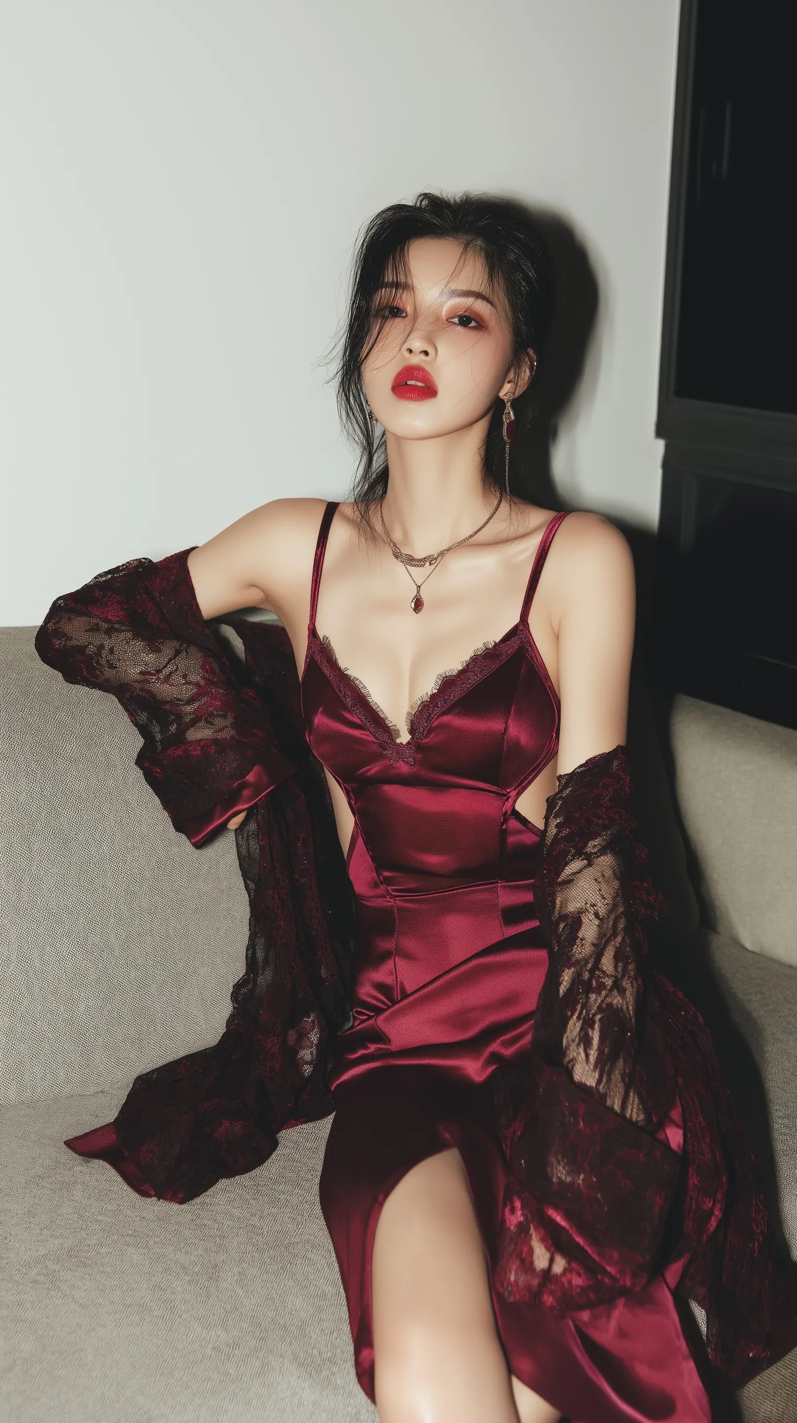 A confident woman in a burgundy satin slip dress and lace jacket lounging on a sofa with bold makeup.