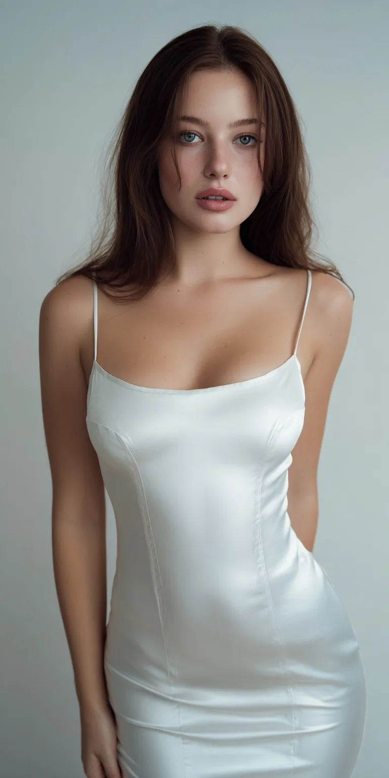 A beautiful woman with an hourglass figure wearing a minimalist white satin slip dress in a professional studio.