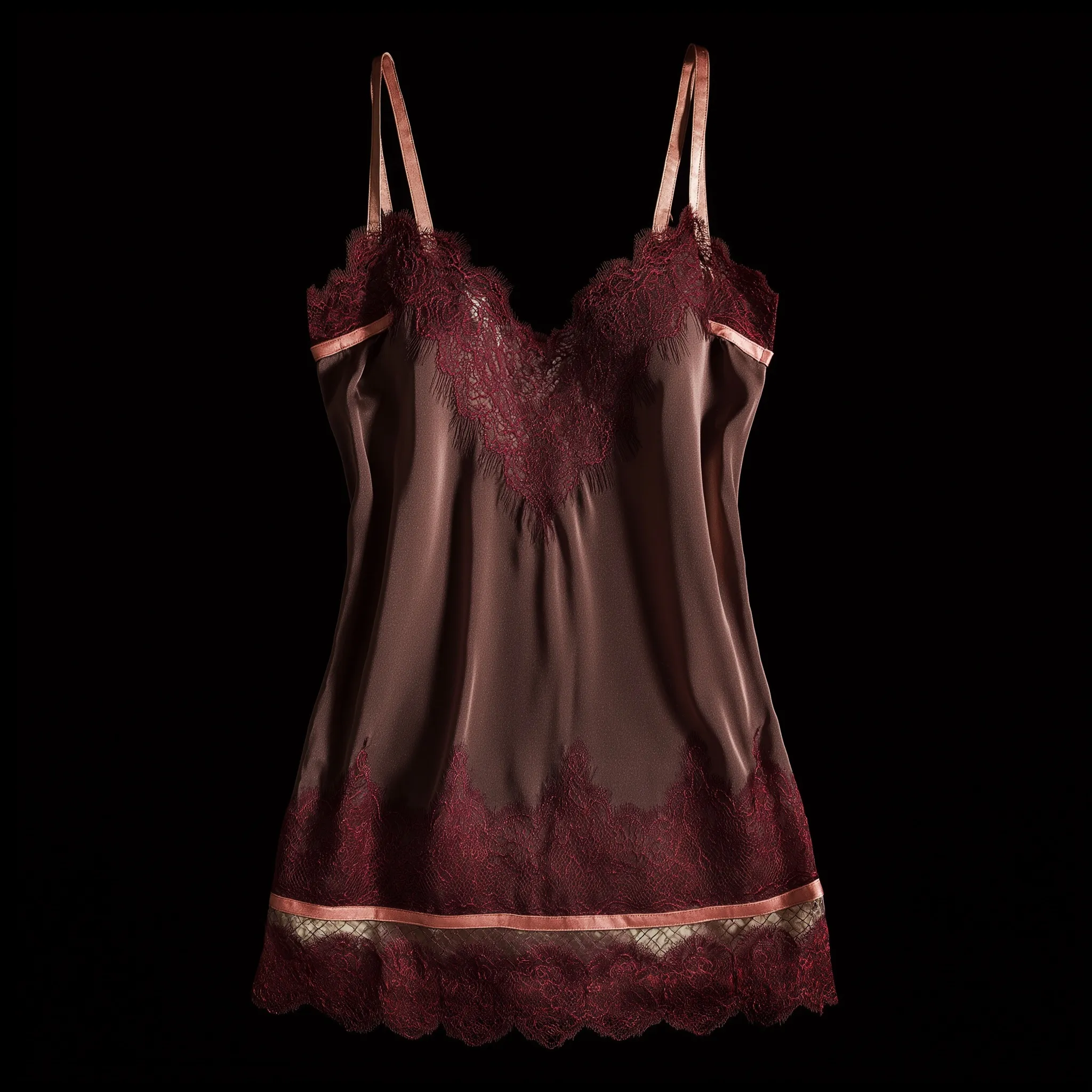 Milk chocolate satin slip dress with deep burgundy lace trim and dusty pink velvet ribbon details.
