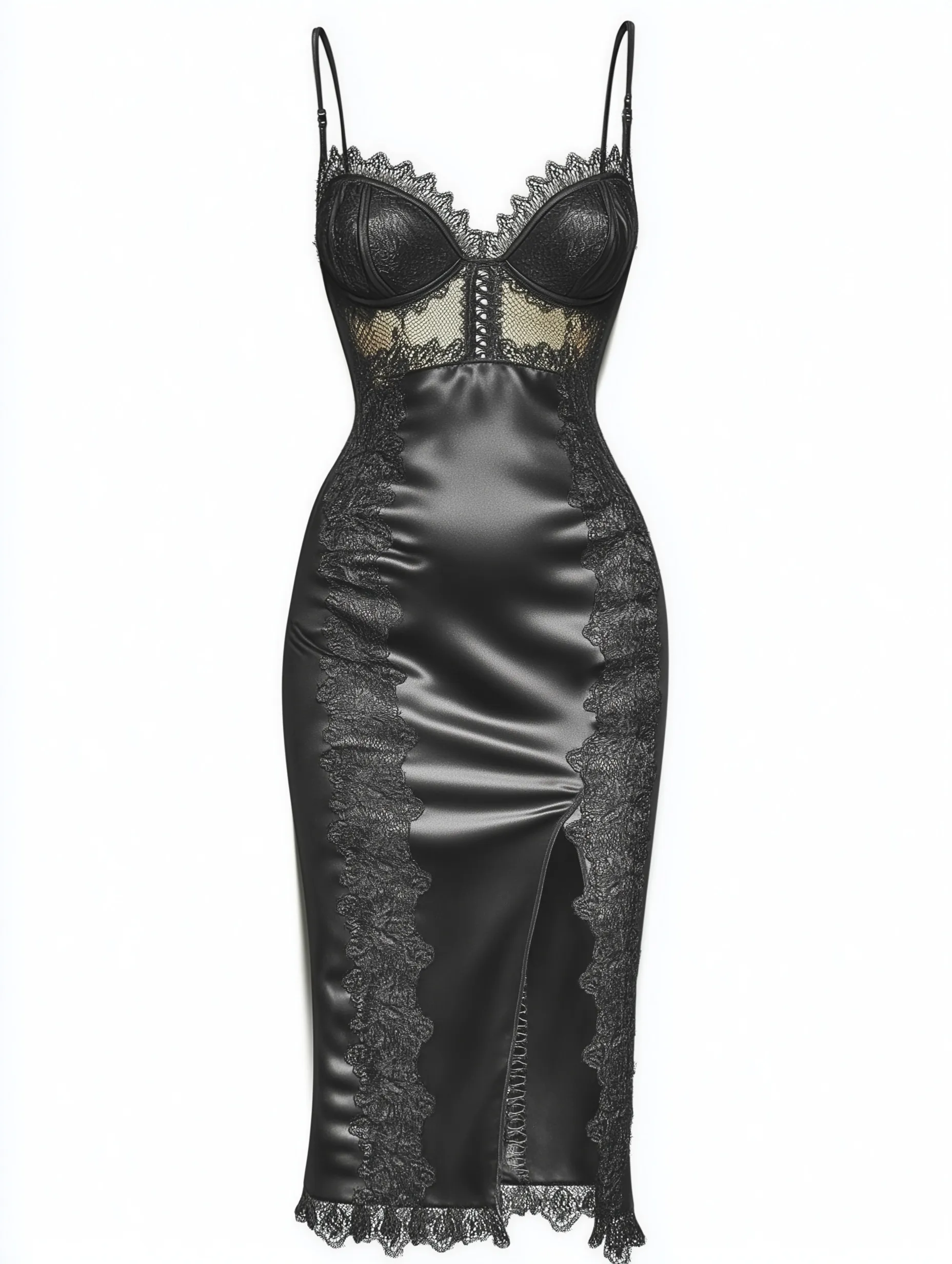 Ghost mannequin shot of a black silk satin slip dress with Chantilly lace bodice and side slit on white background.
