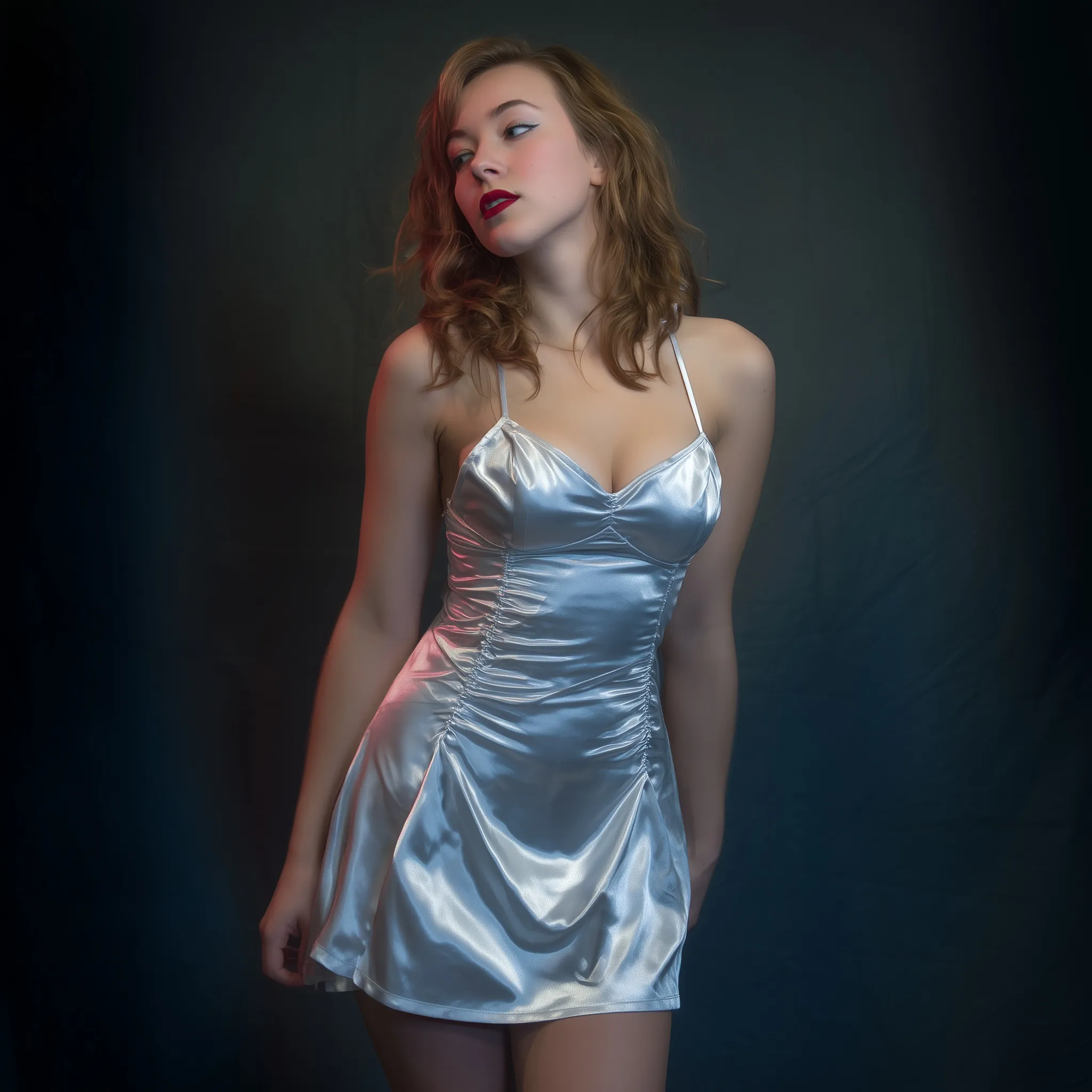 A voluptuous fashion model posing in a stylish silver satin minidress in a professional studio setting.