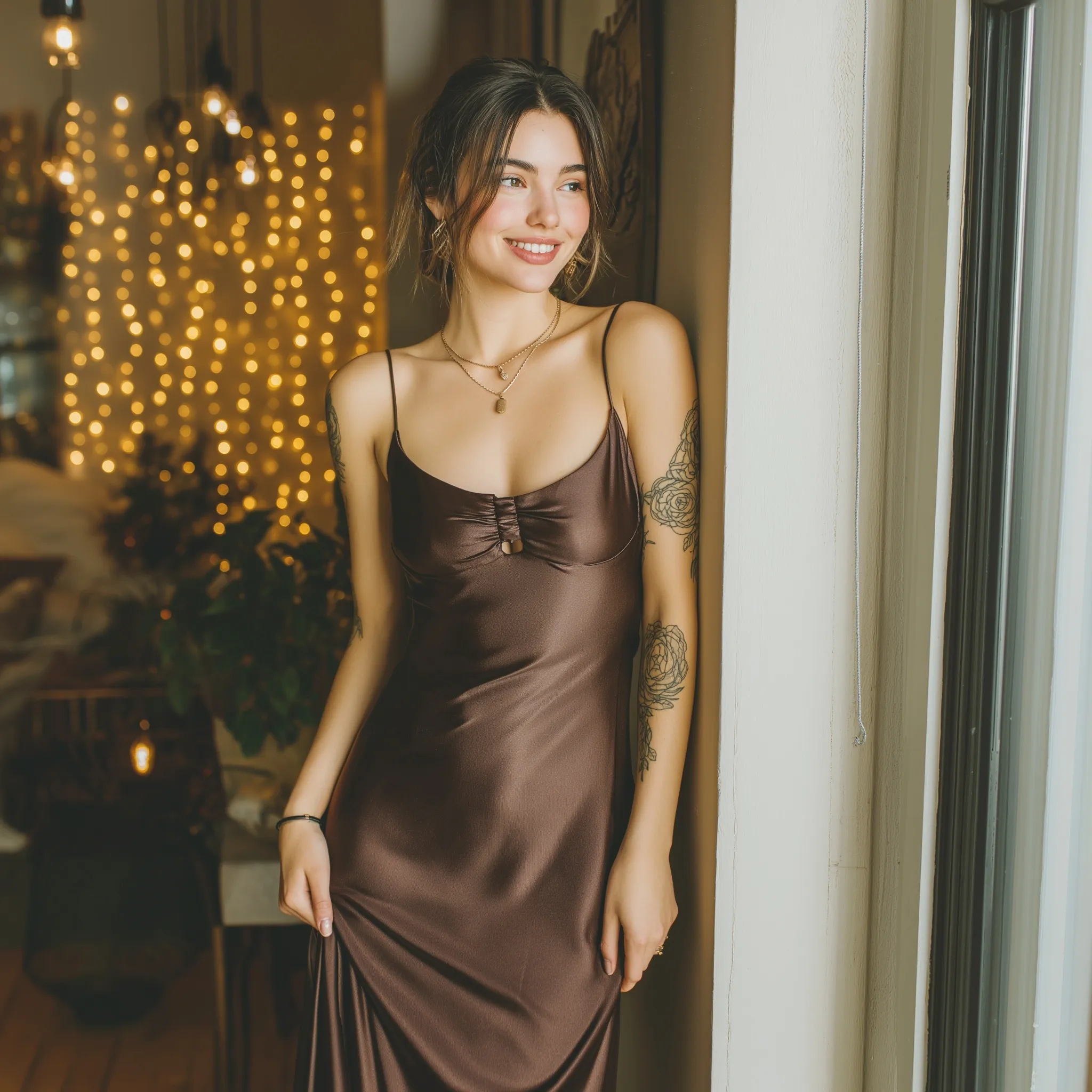 Gen Z model in a chocolate brown satin slip dress at a festive apartment party with warm fairy light bokeh.