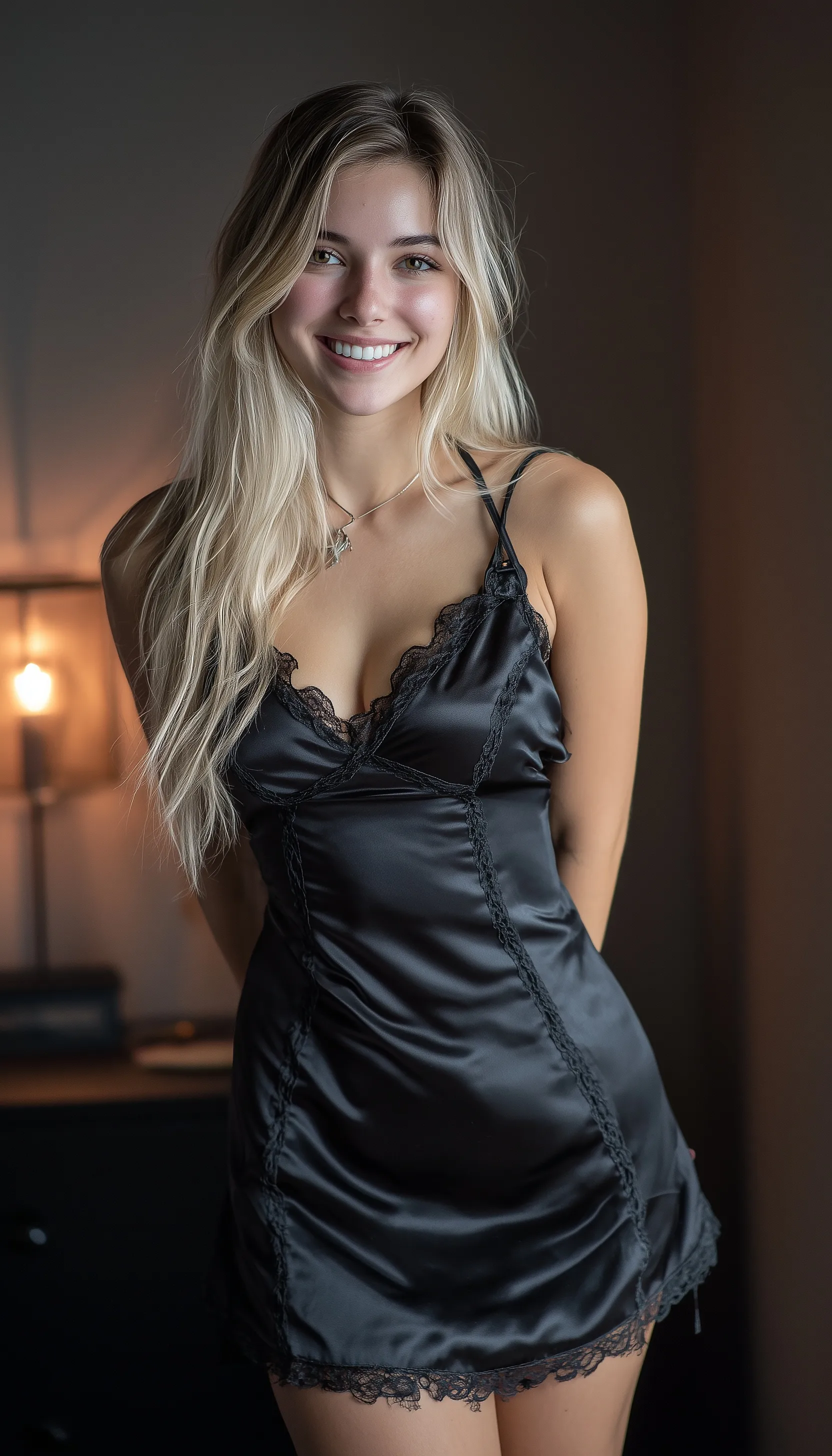 A smiling young blonde woman posing in a short black satin slip dress in a bright, modern living room.