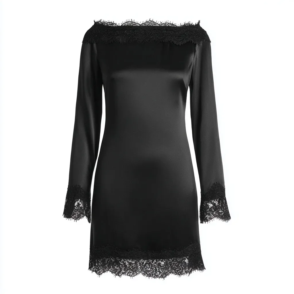 Elegant black satin mini dress with long sleeves and delicate eyelash lace trim for a sophisticated look.